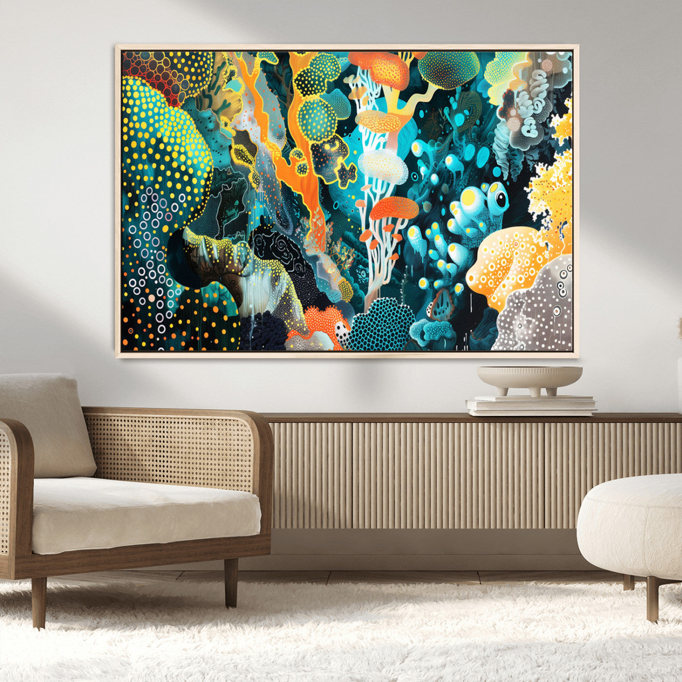 Colorful abstract coral reef scene featuring vibrant underwater plants, marine patterns, and fluid organic shapes – Wall Art Canvas Print.