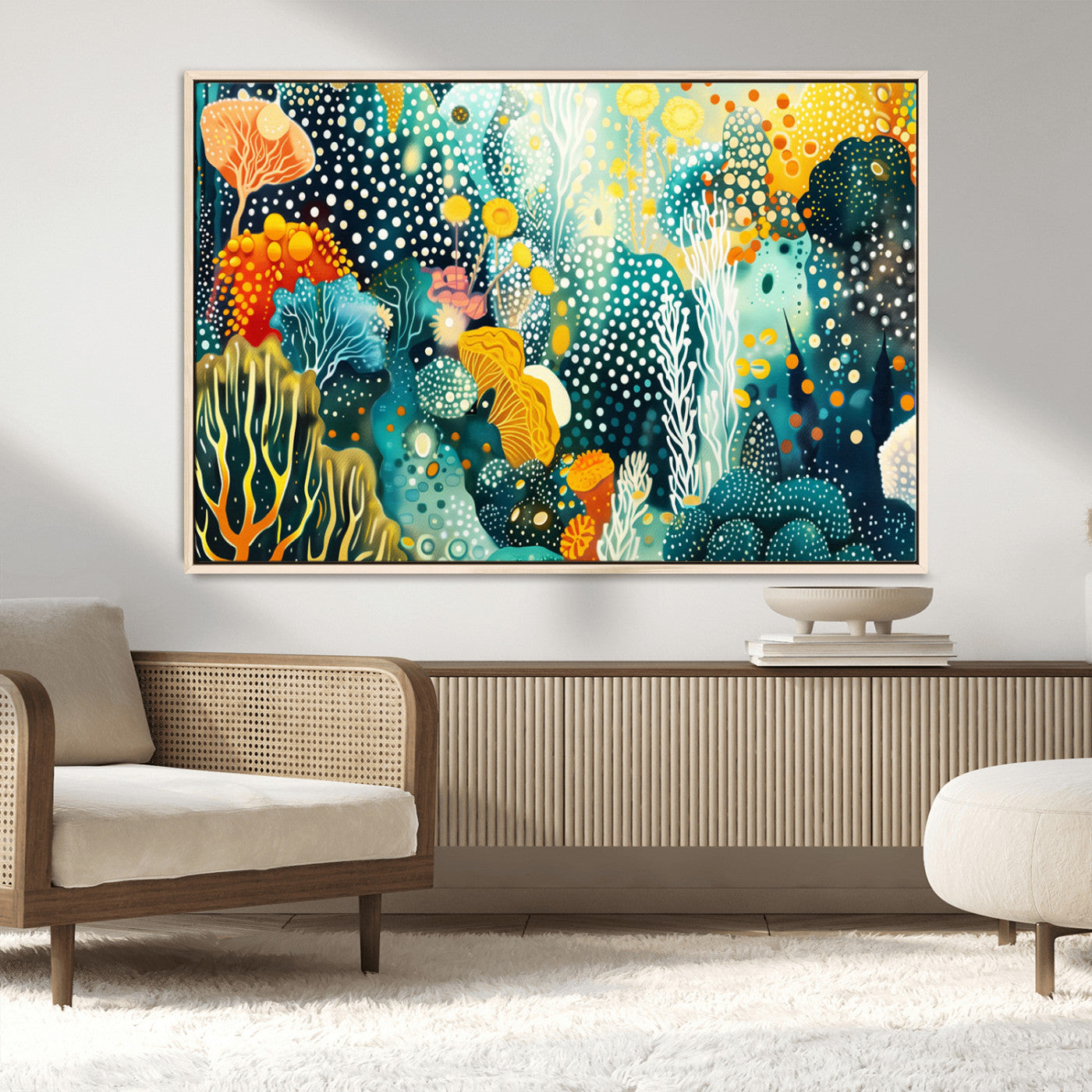 Abstract underwater coral reef illustration with vibrant colors, dotted textures, and stylized marine flora – Wall Art Canvas Print.