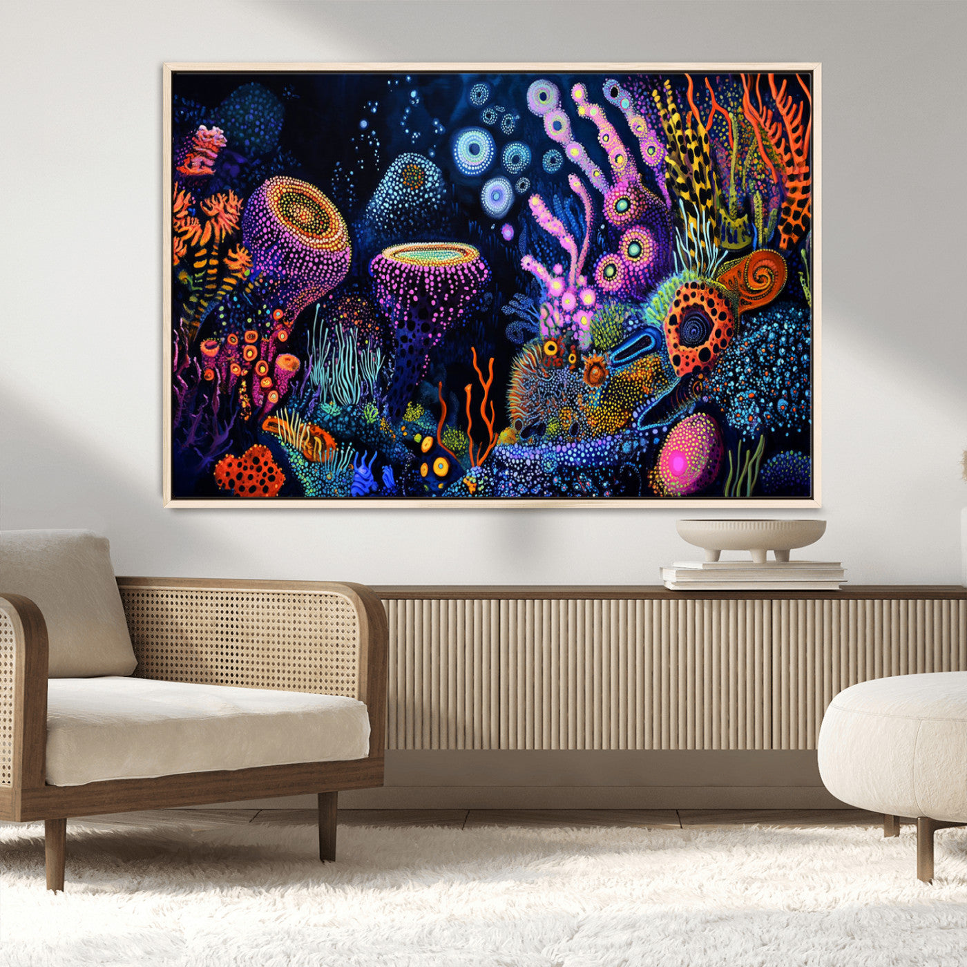 Vibrant and colorful abstract underwater coral reef artwork with diverse shapes and glowing patterns – Wall Art Canvas Print.