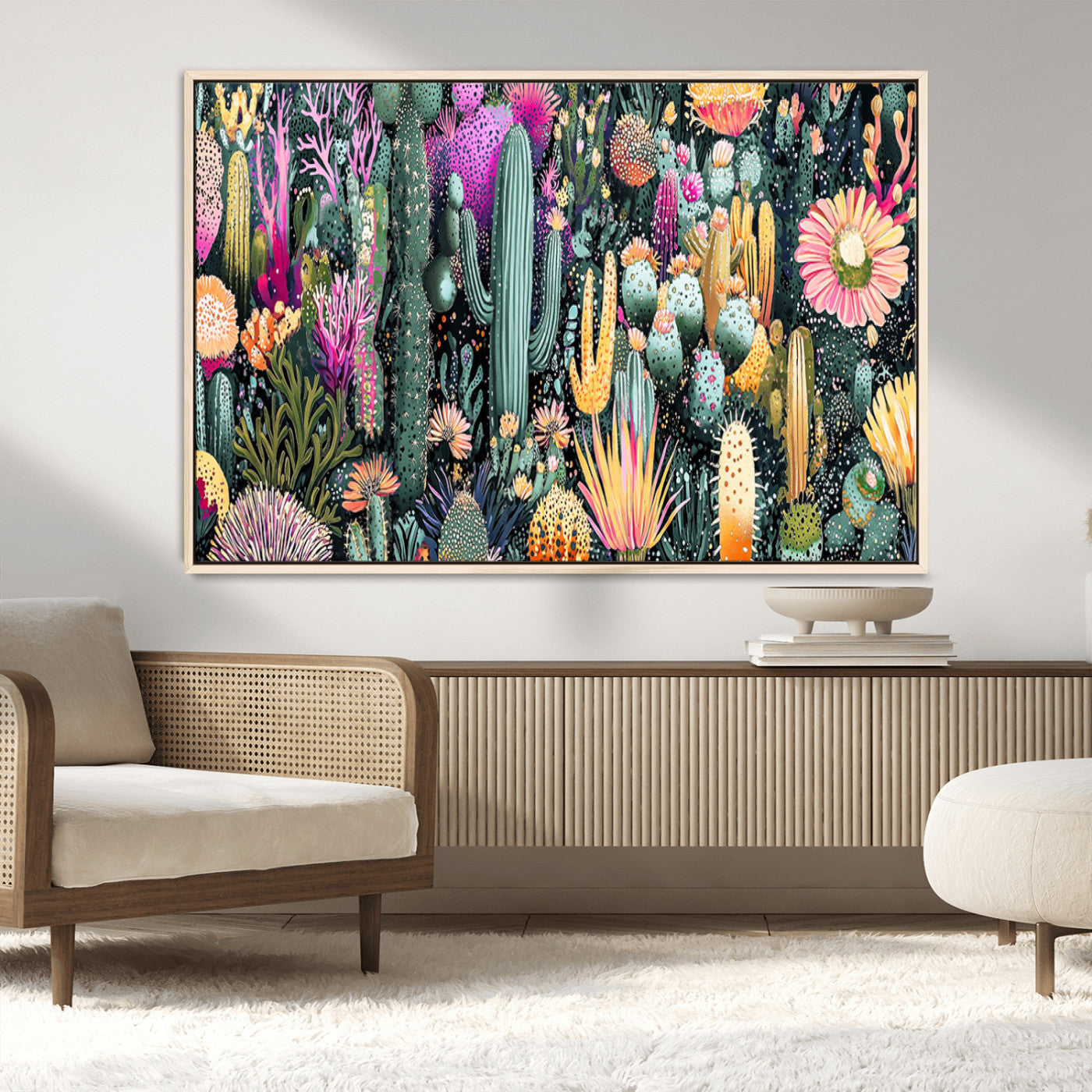 Colorful and detailed painting of various cacti and desert flowers in vibrant hues on a dark background – Wall Art Canvas Print.