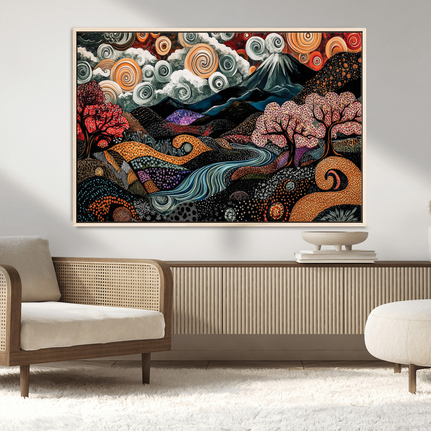 Vibrant abstract landscape painting featuring swirling clouds, colorful trees, flowing river, and textured hills under a mountain – Wall Art Canvas Print.