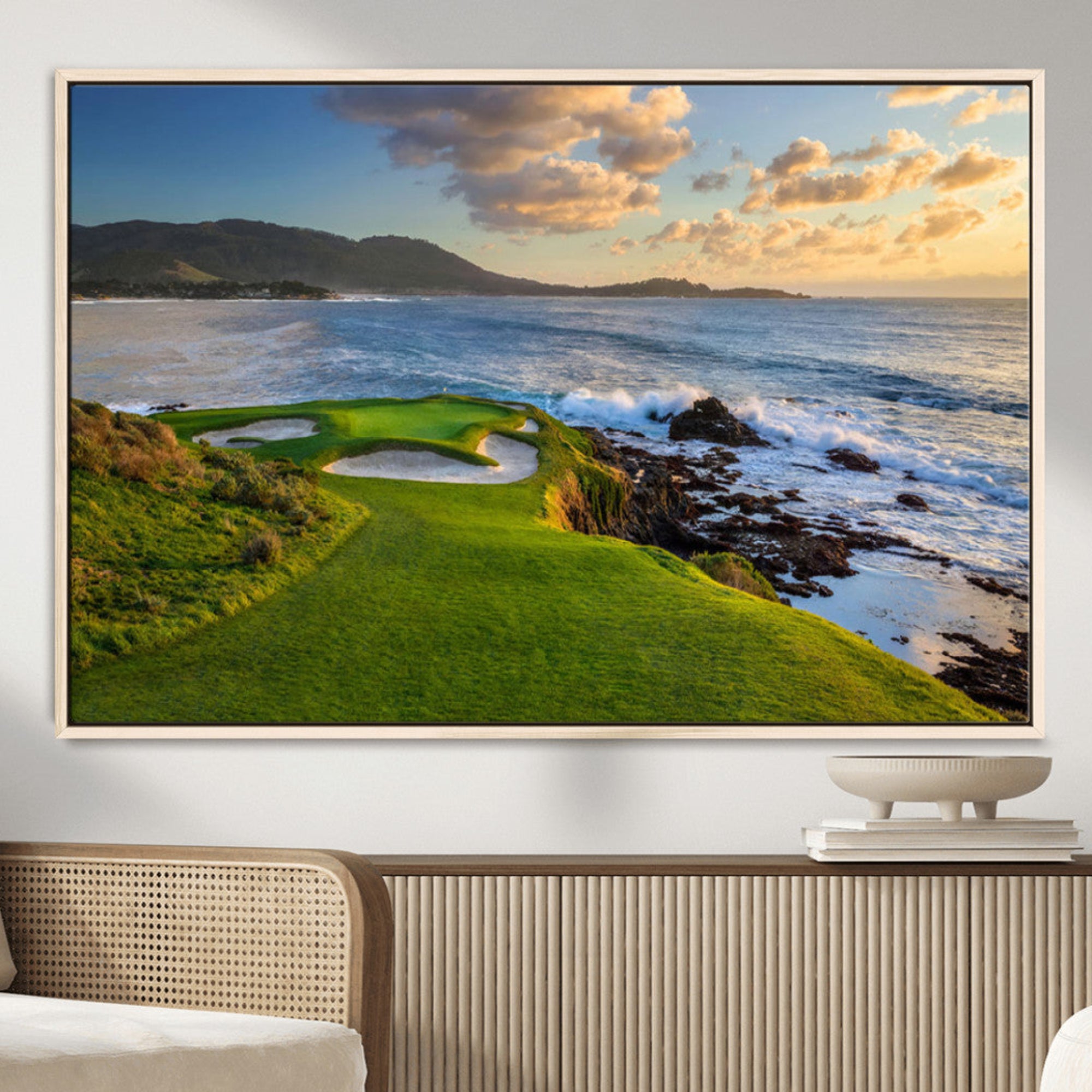 67486665-MGV-CV-36X24-Coastal Golf Course Wall Art Canvas Print – Sunset with Rolling Green Fairways and Ocean Waves Artwork for Home, Office