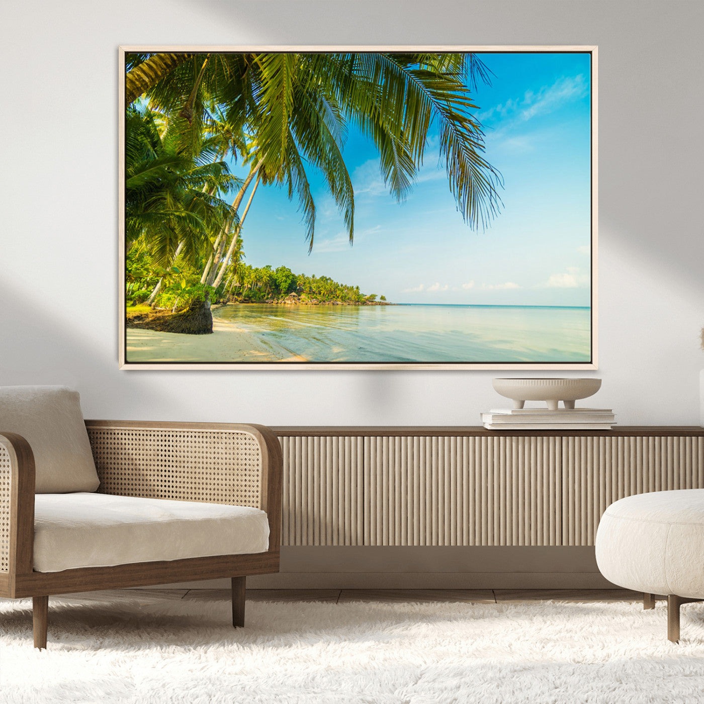 MGV-FC-36X24 - Peaceful Tropical Beach with Palm Trees and Calm Blue Sea – Serene Coastal Wall Art Canvas Print for