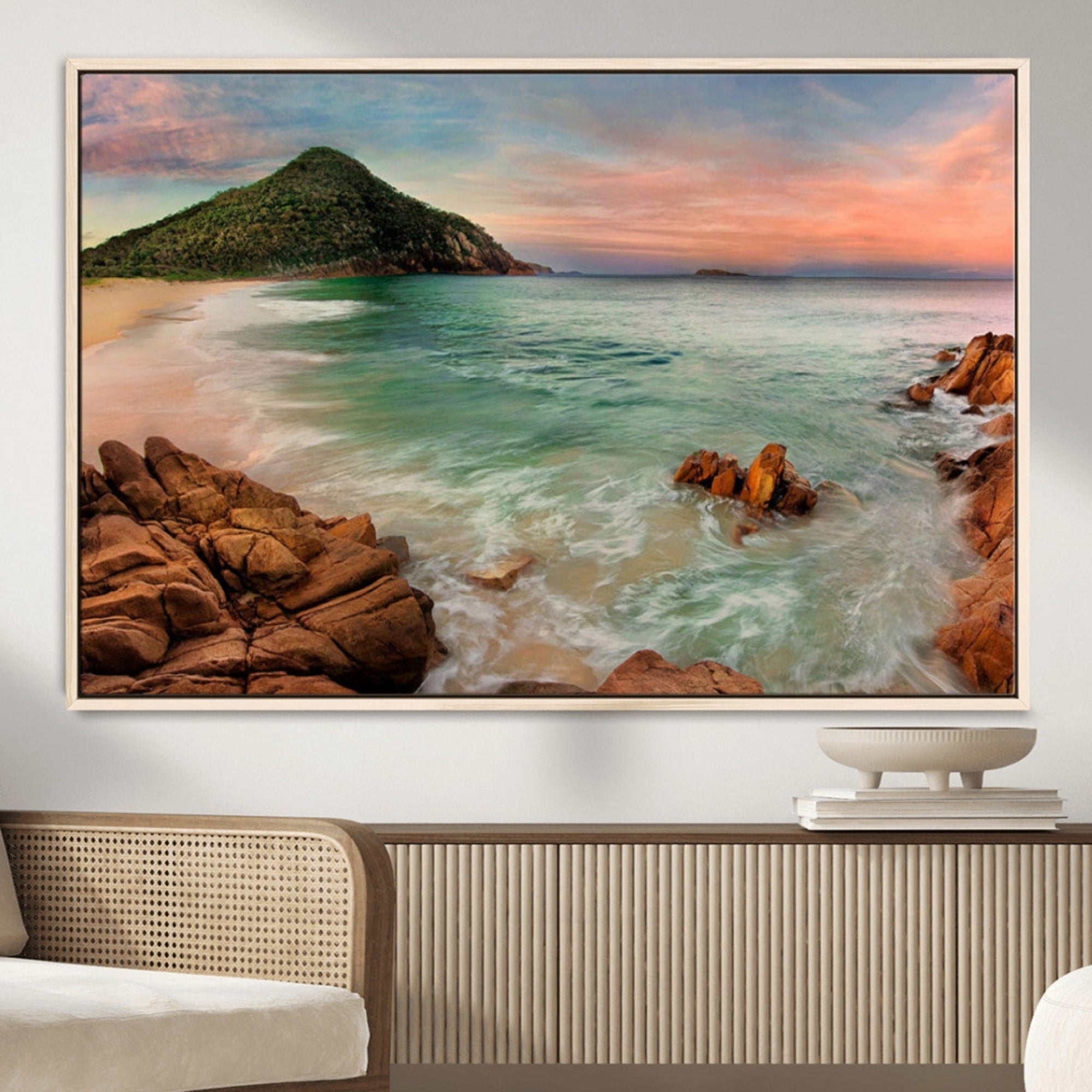 53831025-MGV-CV-36X24-Stunning Coastal Landscape with Rocky Shore and Green Hills Sunset – Beautiful Ocean View Wall Art for Home, Office Decor