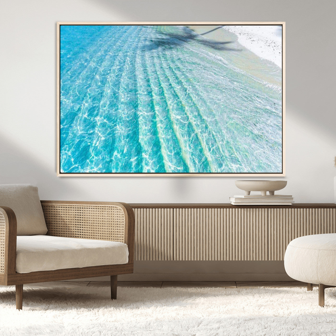 17528159-MGV-CV-36X24-Crystal Clear Shallow Ocean Water with Sunlight Reflections and Palm Tree Shadow on Sandy Beach – Beautiful Wall Art Canvas Print for Coastal Decor
