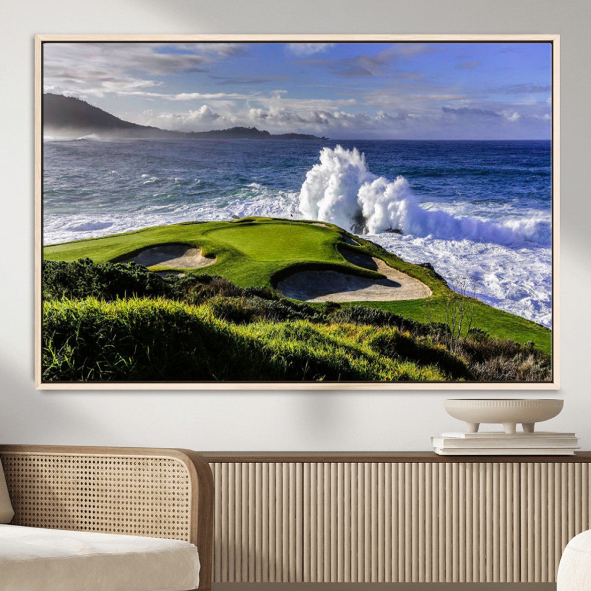 78508908-MGV-CV-36X24-Ocean Waves Crashing Wall Art Canvas Print – Dramatic Rocky Coastline Near Green Golf Course Artwork for Home, Office