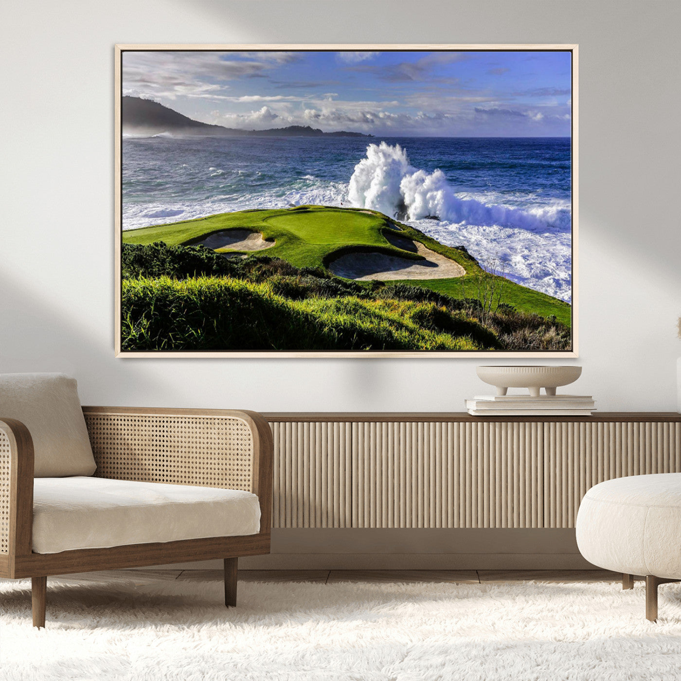 78508908-MGV-CV-36X24-Dramatic Ocean Waves Crashing Against Rocky Coastline Near a Green Golf Course – Stunning Wall Art Canvas Print for Nature and Sports Lovers