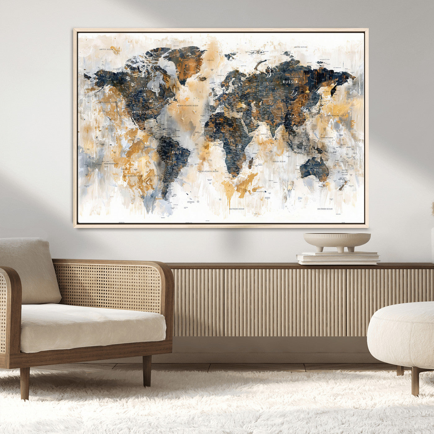 Artistic world map with textured brush strokes in shades of gold, navy blue, and white, showing continents and countries with an abstract, painterly effect.