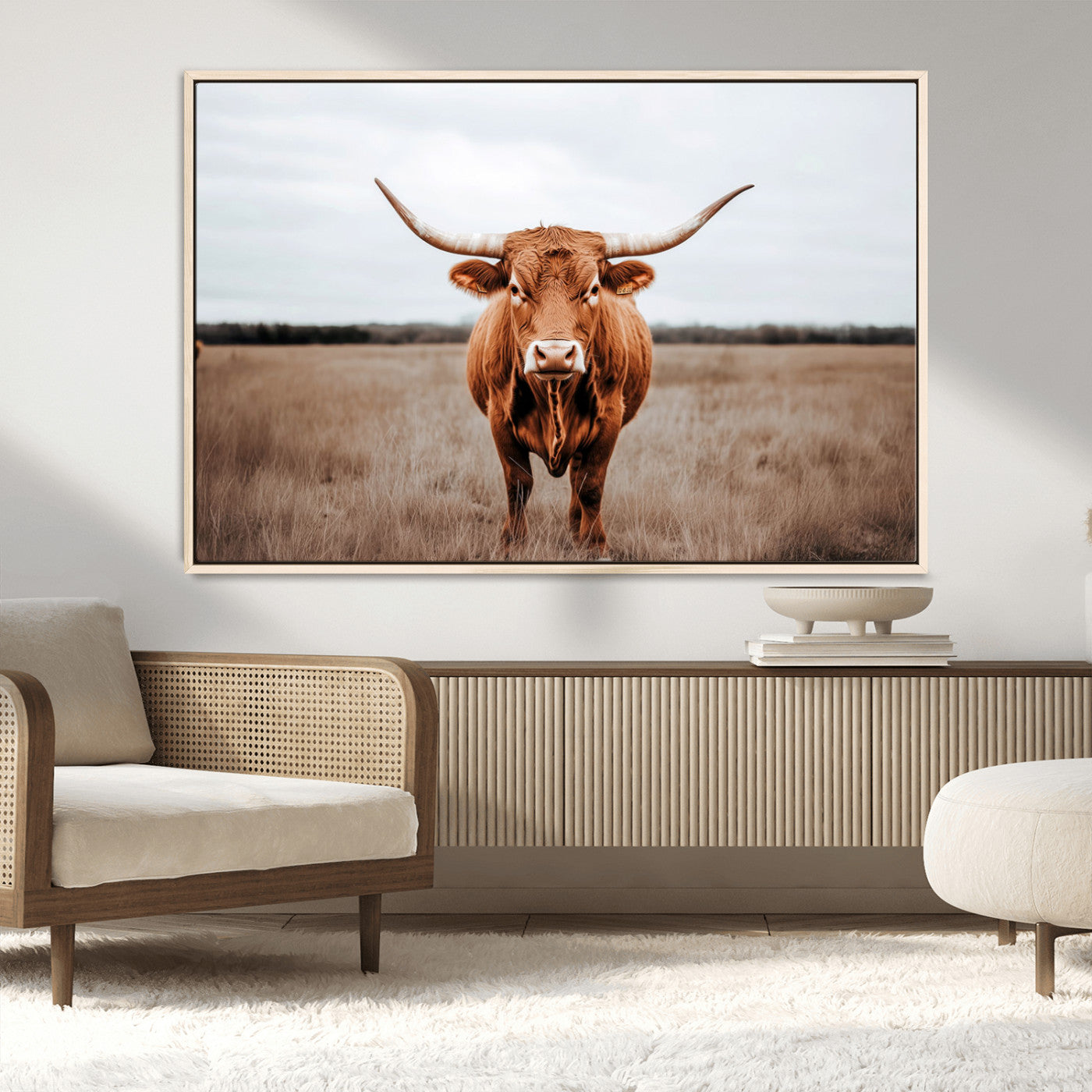 MGV-FC-36X24 - Longhorn bull, open field, rustic charm, natural beauty, Wall Art Canvas Print, countryside,