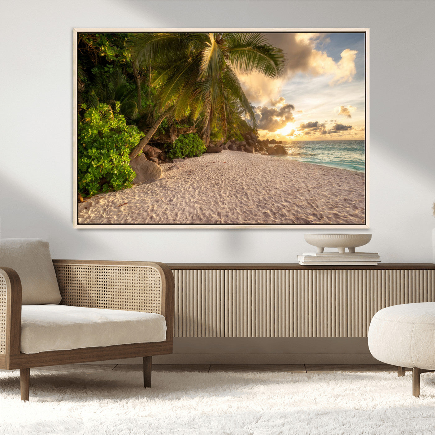 89531159-MGV-CV-36X24-Tropical beach sunset, palm trees, white sand, ocean waves, golden sky, serene landscape, nature beauty, tranquil shore, Wall Art Canvas Print