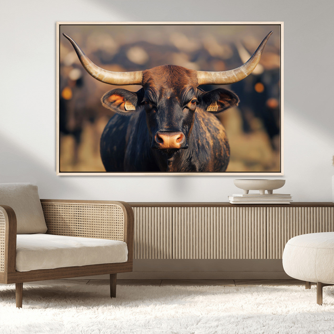 35515971-MGV-CV-36X24-Majestic bull head close-up, long curved horns, detailed fur texture, warm sunlight, focused gaze, Wall Art Canvas Print