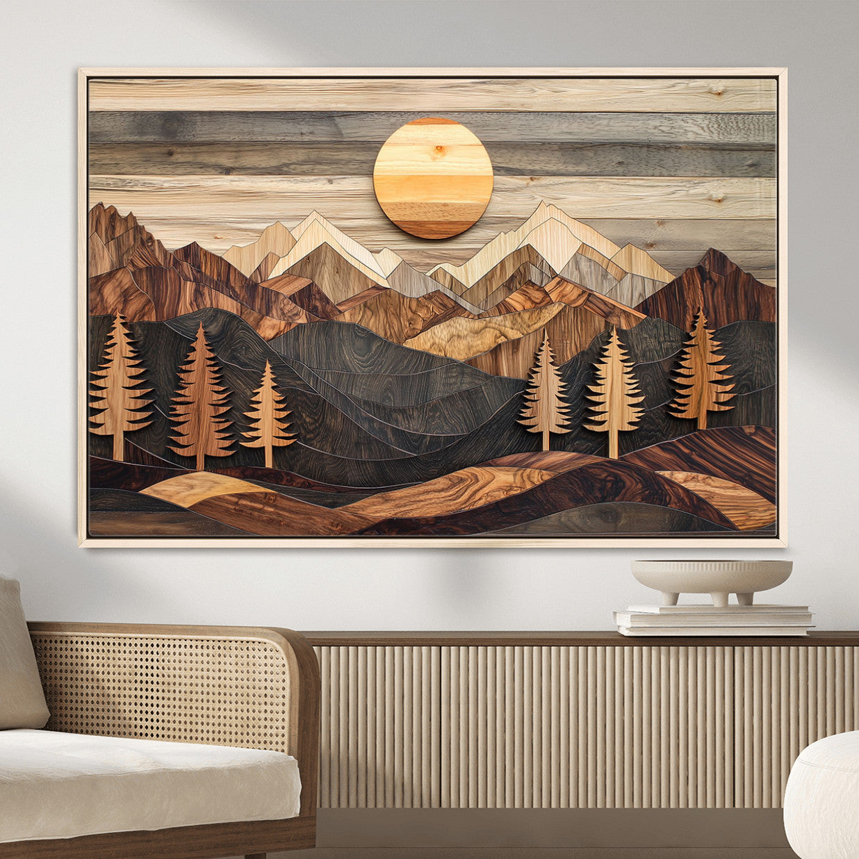 19832326-MGV-FC-36X24 - Wooden Mountain Landscape Layered Texture Geometric Shapes Sun Pine Trees Rustic Natural Tones Art
