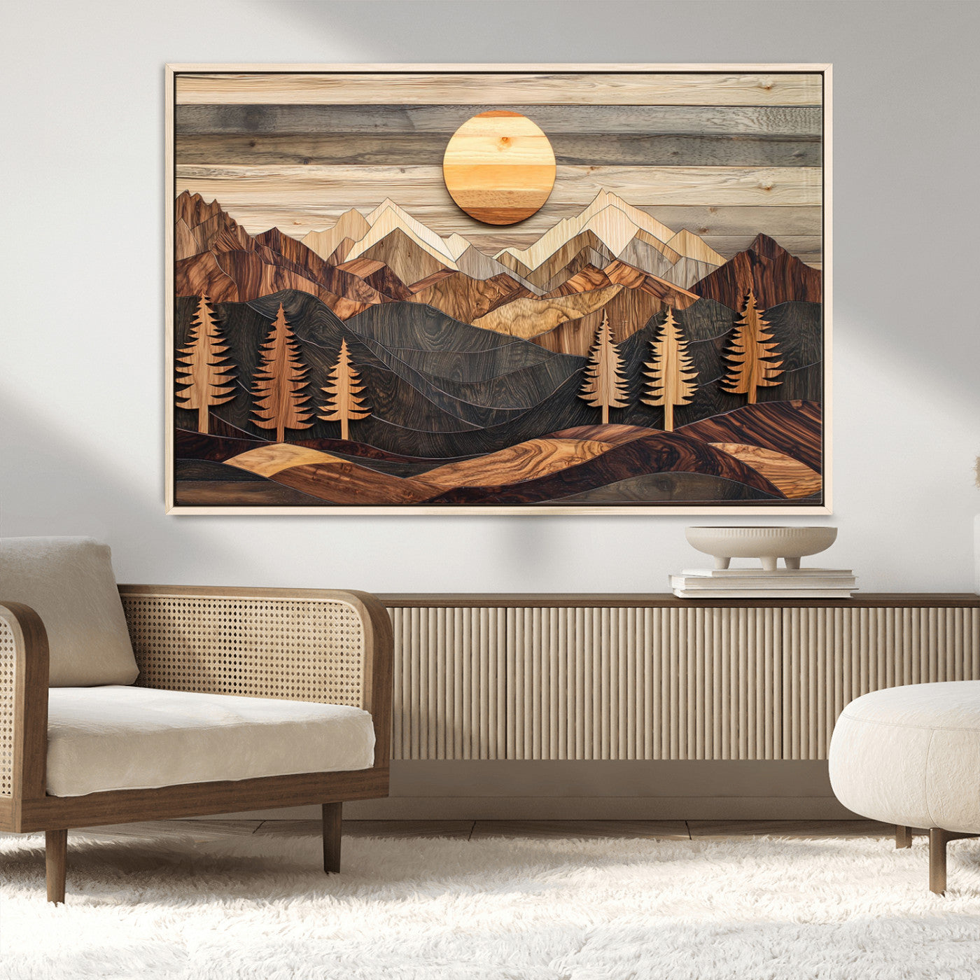 MGV-FC-36X24 - Wooden Mountain Layers Canvas Wall Art – Rustic Pine Tree Landscape with Sunlight Artistic Nature