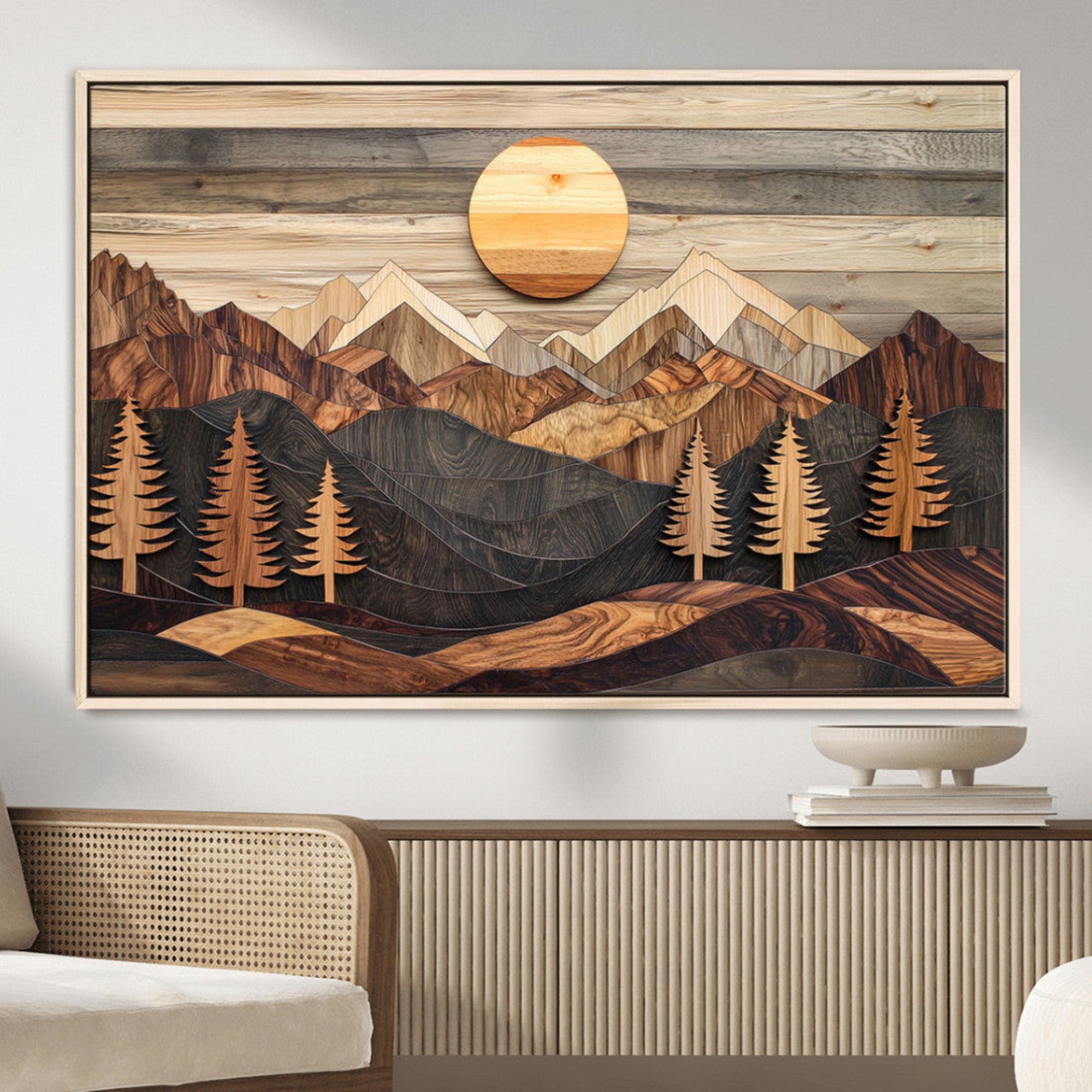 MGV-FC-36X24 - Wooden Mountain Layers Canvas Wall Art – Rustic Pine Tree Landscape with Sunlight Artistic Nature