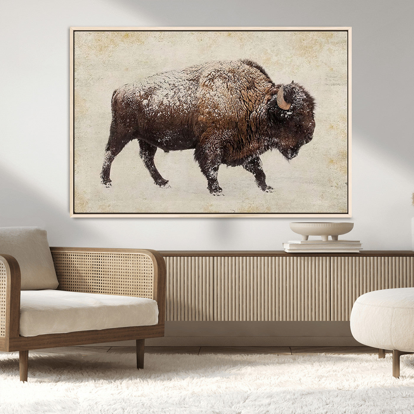 54810031-MGV-CV-36X24-Snow-dusted bison silhouette textured vintage style rugged wildlife art with neutral tones perfect for rustic home decor Wall Art Canvas Print design