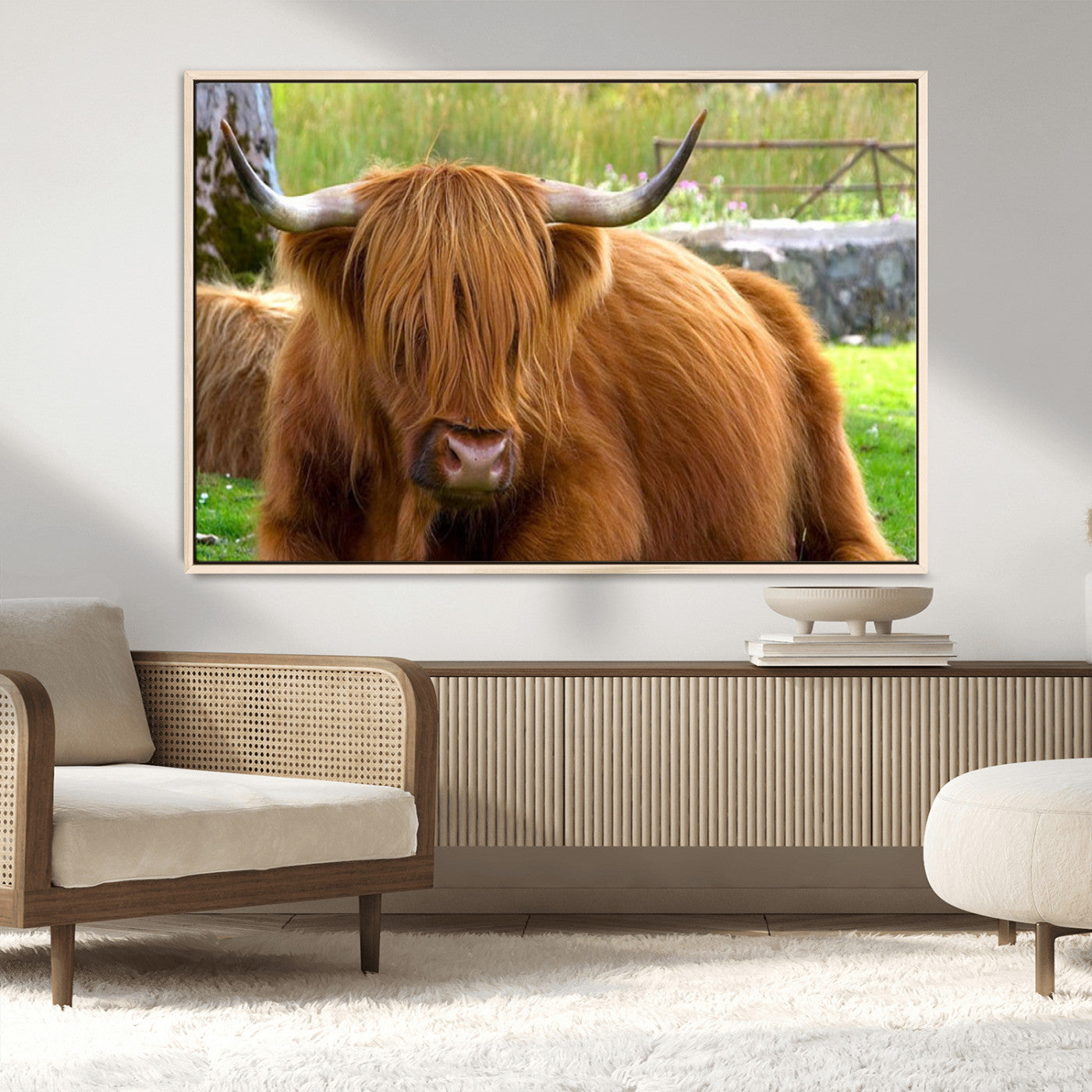 68411138-MGV-CV-36X24-Highland Cow Long Hair Rustic Farm Animal Horns Green Pasture Natural Beauty Outdoor Wall Art Canvas Print