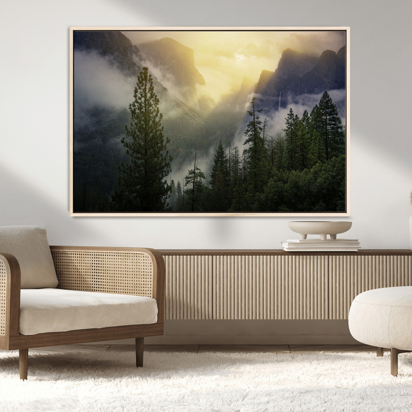38316884-MGV-CV-36X24-Misty Forest Sunrise Mountain Valley Pine Trees Foggy Landscape Nature Scenic Outdoors Calm Tranquil Wall Art Canvas Print
