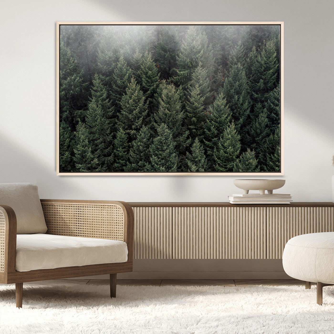 84059409-MGV-CV-36X24-Dense Evergreen Forest Misty Morning Fog Pine Trees Woodland Nature Landscape Calm Peaceful Scenic Wall Art Canvas Print