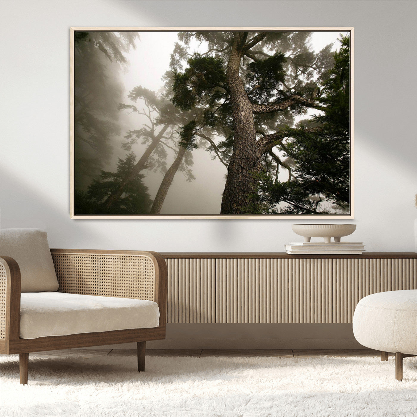 87969493-MGV-CV-36X24-Misty Forest Tall Trees Foggy Atmosphere Nature Serenity Calm Wooded Landscape Tranquil Scene Outdoor Beauty Wall Art Canvas Print