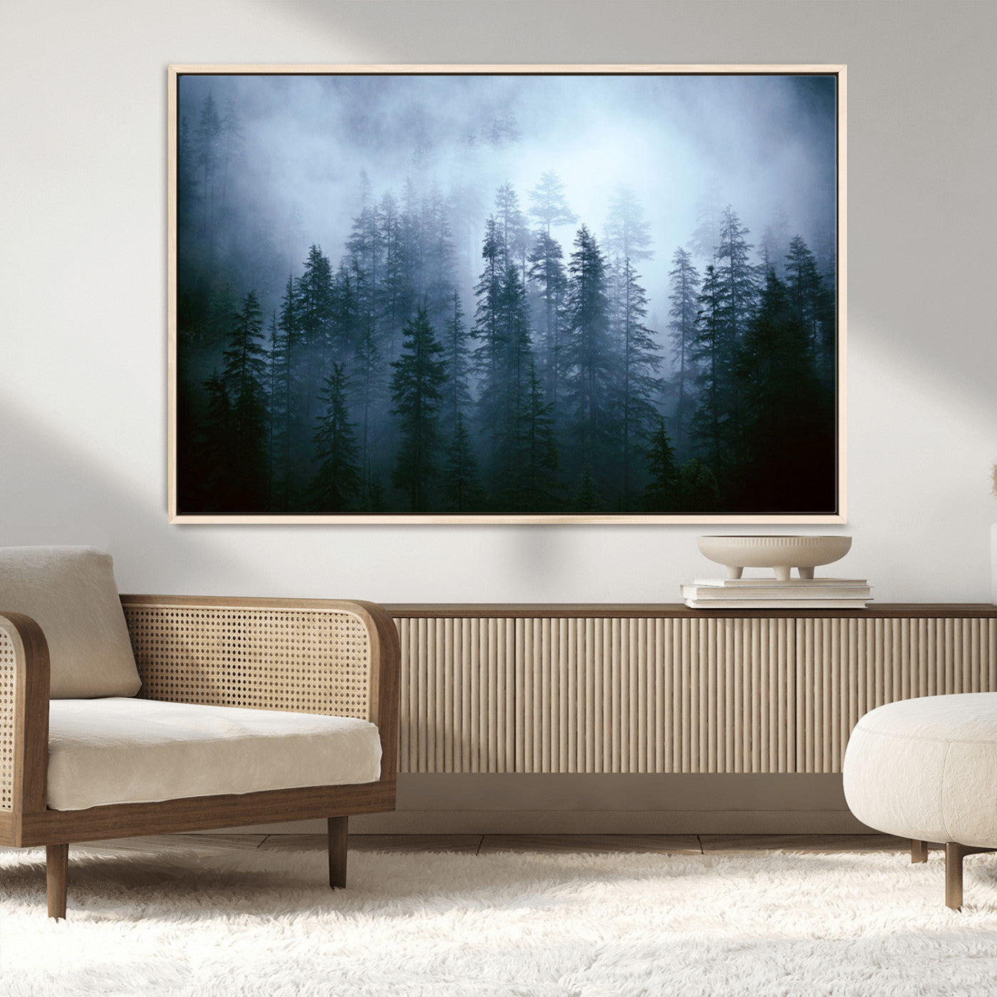 93439624-MGV-CV-36X24-Foggy Evergreen Pines Mist Forest Blue Haze Moody Atmospheric Wilderness Nature Trees Scenic Tranquil Peaceful Landscape Wall Art Canvas Print