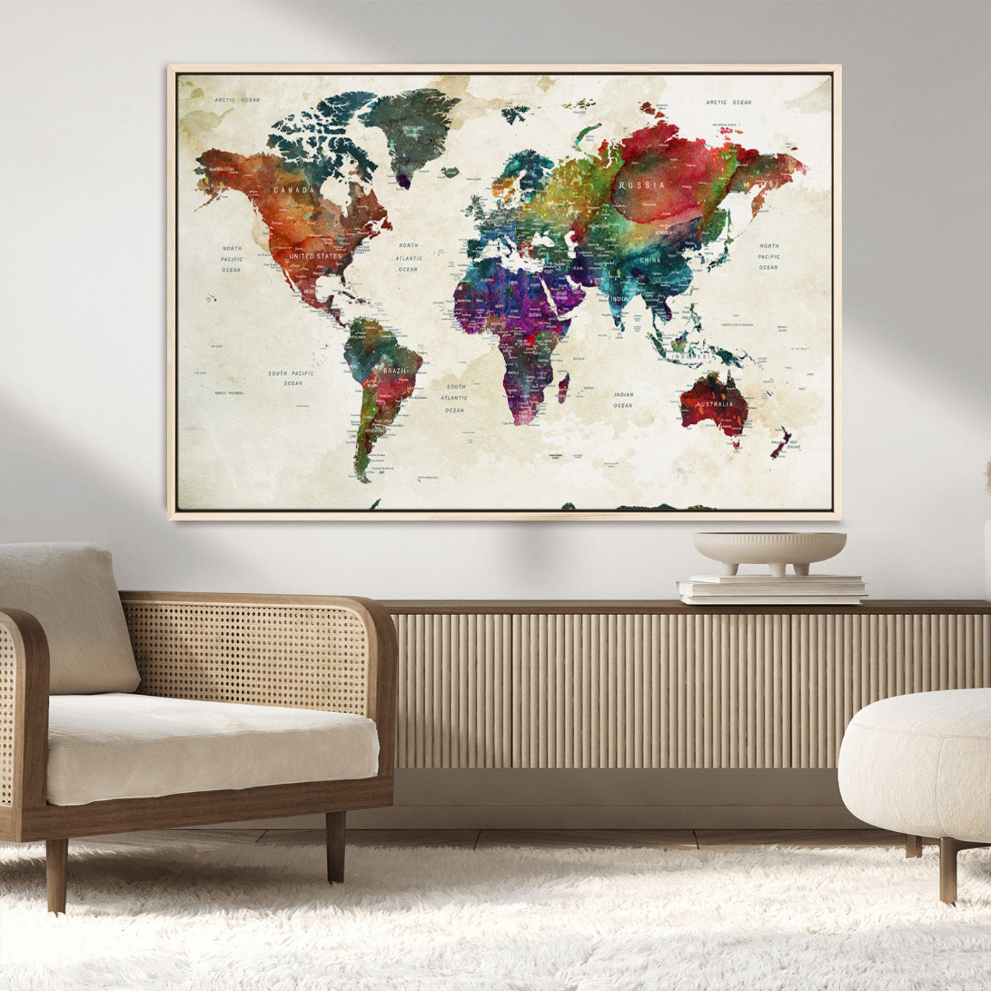 Colorful watercolor world map with countries labeled, featuring rich, vibrant hues across continents on a vintage beige background, Wall Art Canvas Print style.