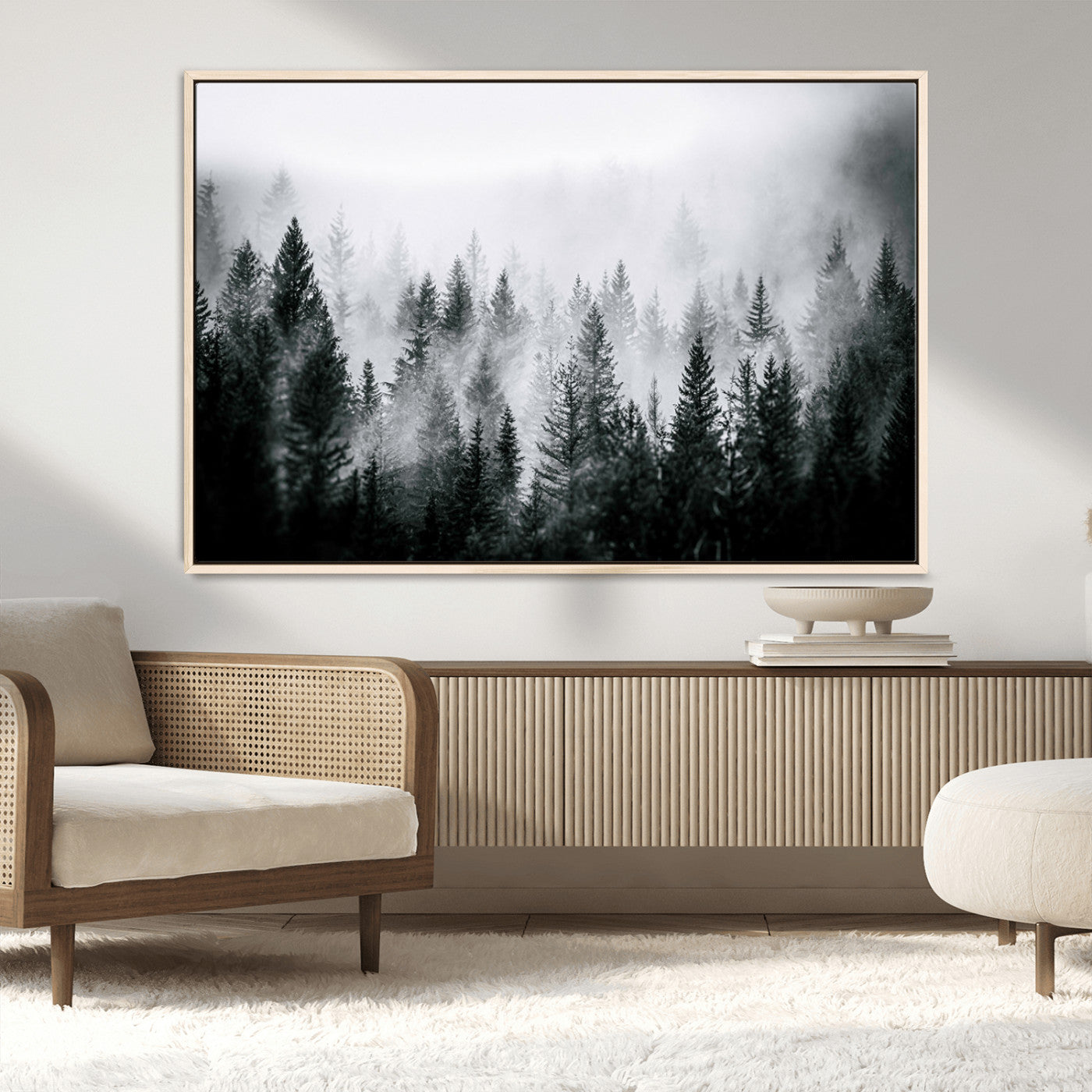 MGV-FC-36X24 - Foggy Pine Forest Canvas Wall Art, Horizontal Black and White Nature Landscape Print for Modern,