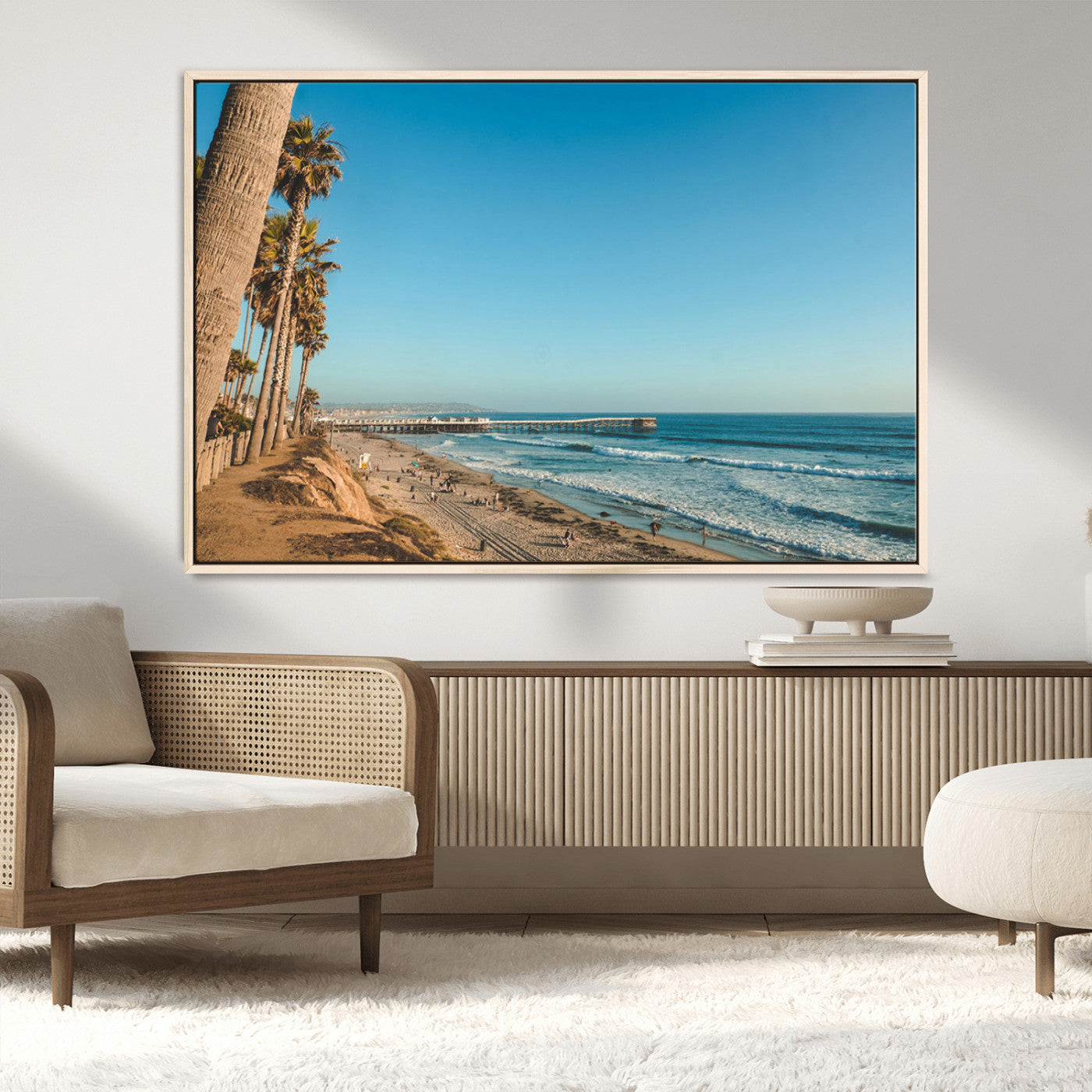 MGV-FC-36X24 - Scenic Beach with Tall Palm Trees, Sandy Shore, and Long Pier Stretching into the Calm Ocean Under