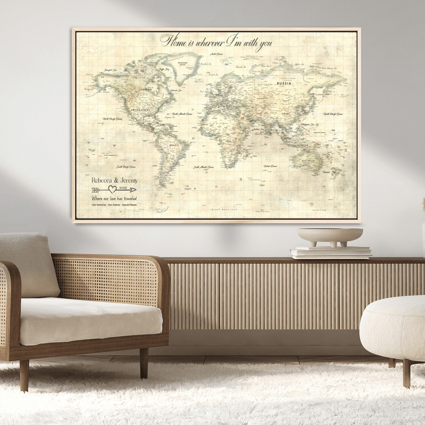 MGV-FC-36X24 - Personalized World Map Wall Art Canvas Print – Custom Push Pin Travel Map for Couples, Families, or Office Décor