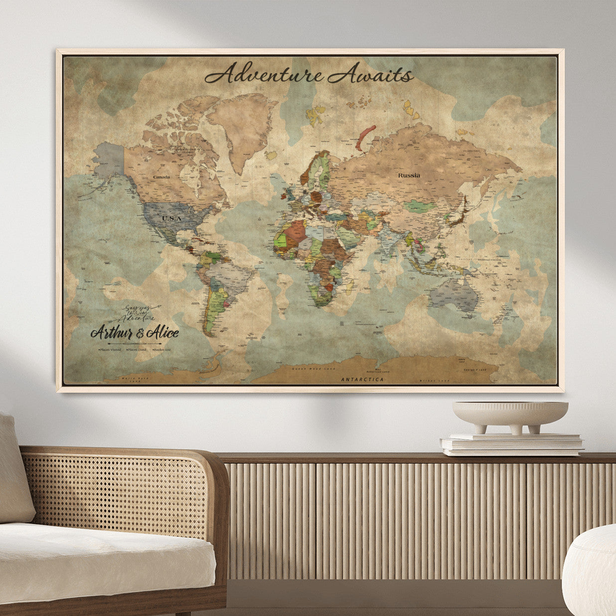 MGV-FC-36X24 - Personalized World Map Wall Art Canvas Print – Custom Push Pin Travel Map for Couples, Families, or Office Décor