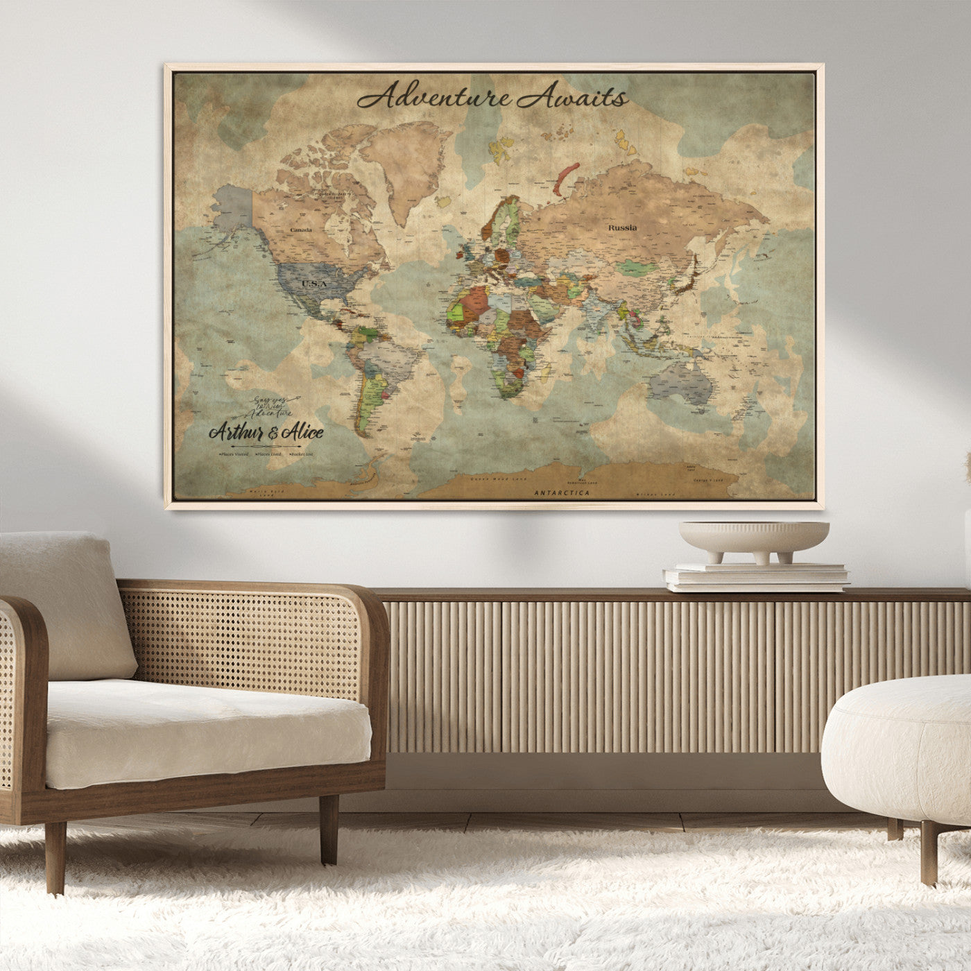 MGV-FC-36X24 - Personalized World Map Wall Art Canvas Print – Custom Push Pin Travel Map for Couples, Families, or Office Décor