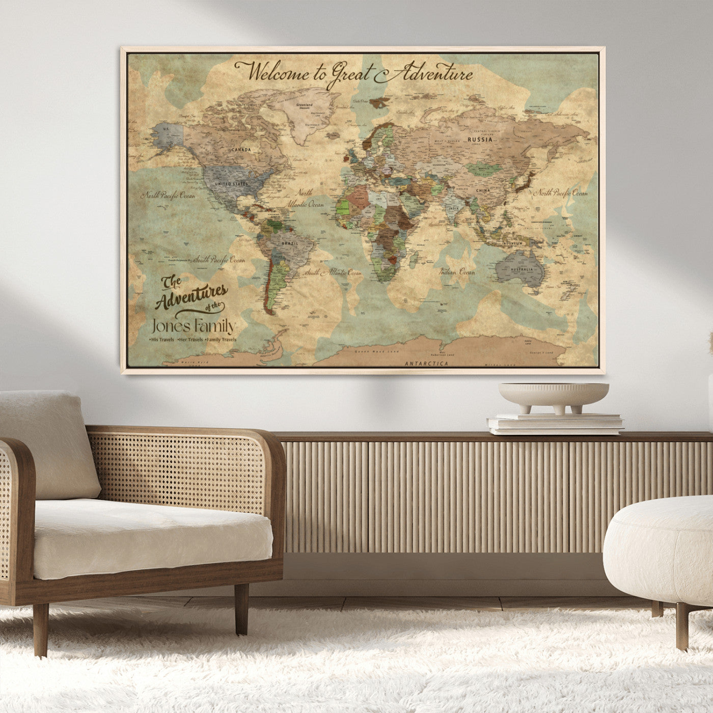MGV-FC-36X24 - Personalized World Map Wall Art Canvas Print – Custom Push Pin Travel Map for Couples, Families, or Office Décor