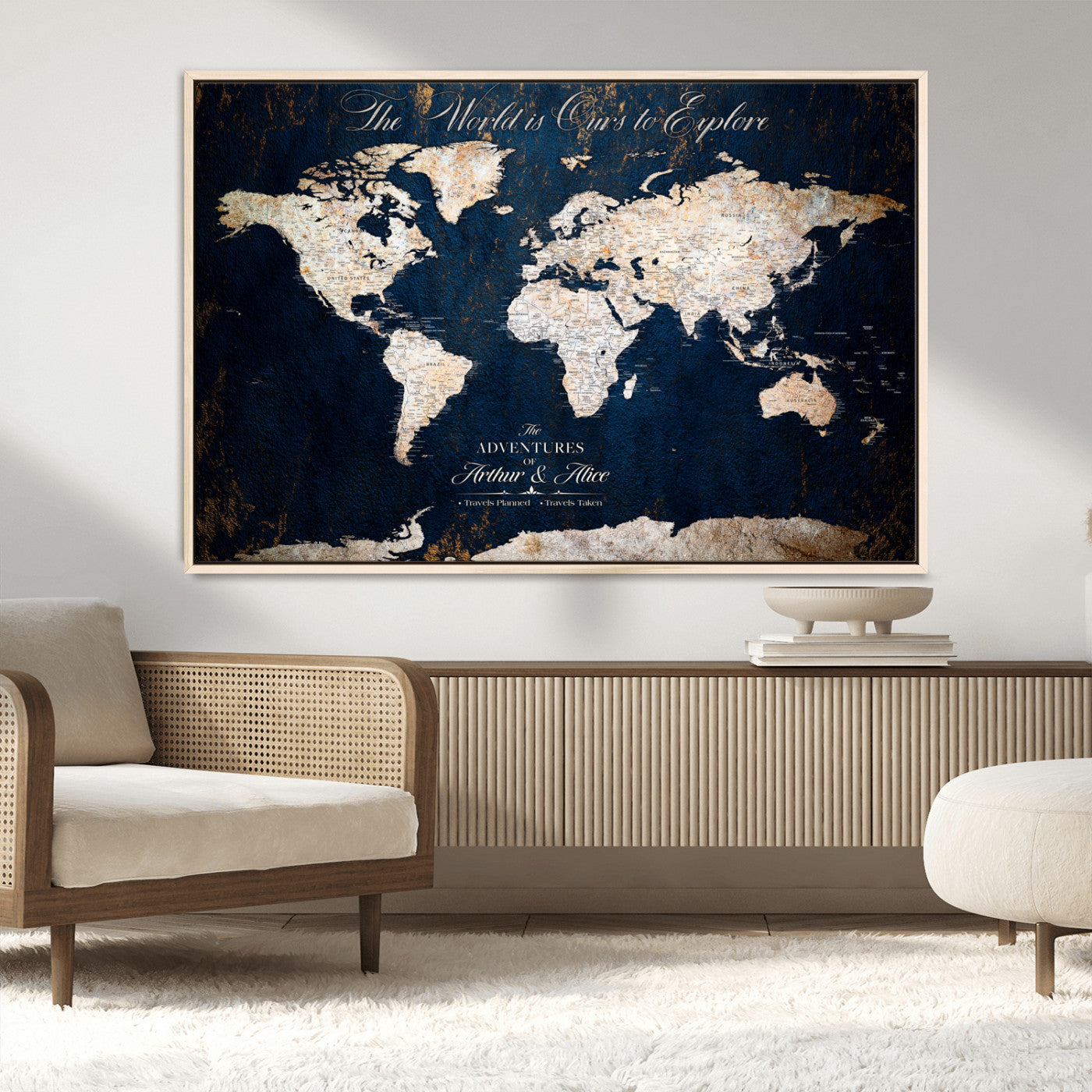 MGV-FC-36X24 - Personalized World Map Wall Art Canvas Print – Custom Push Pin Travel Map for Couples, Families, or Office Décor