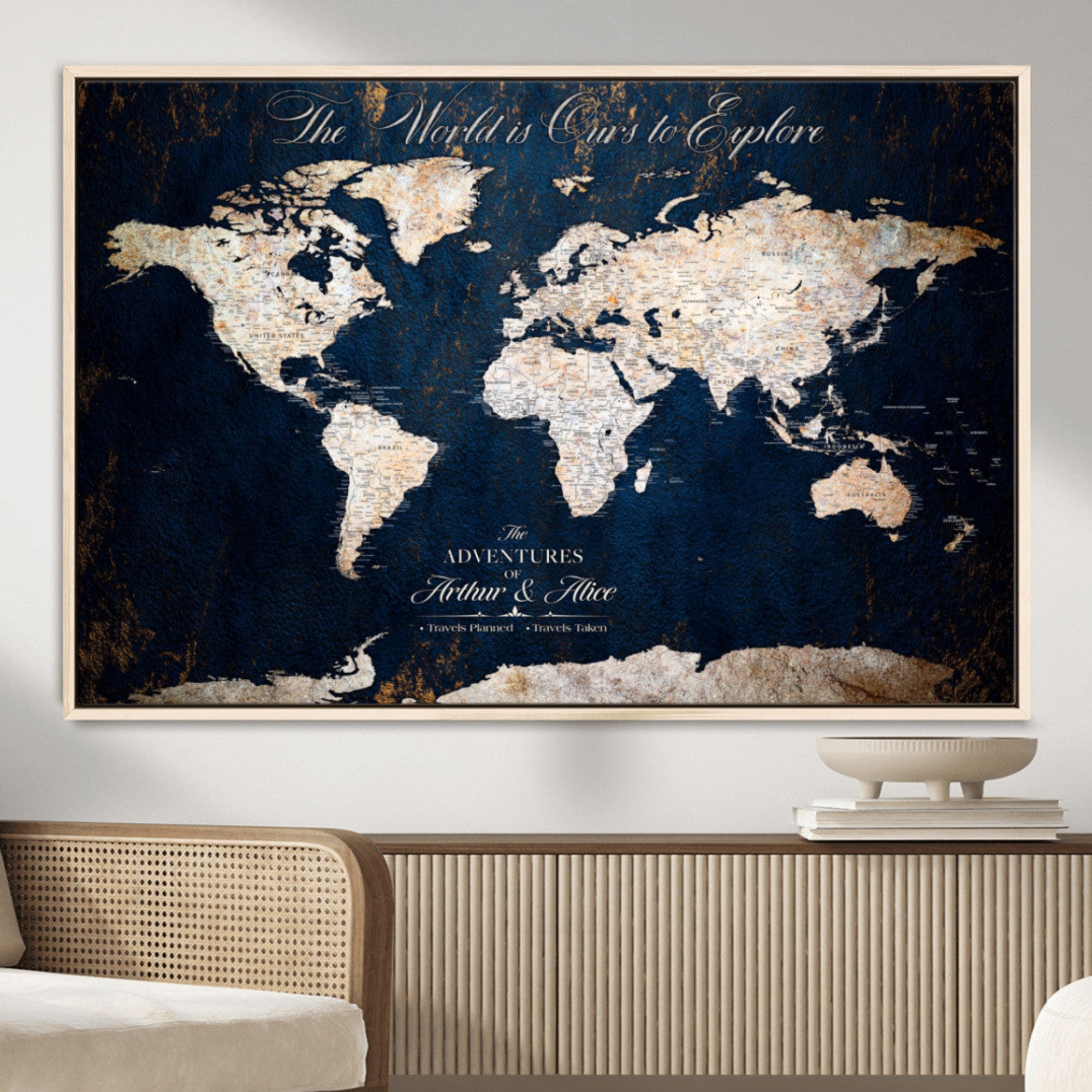 MGV-FC-36X24 - Personalized World Map Wall Art Canvas Print – Custom Push Pin Travel Map for Couples, Families, or Office Décor
