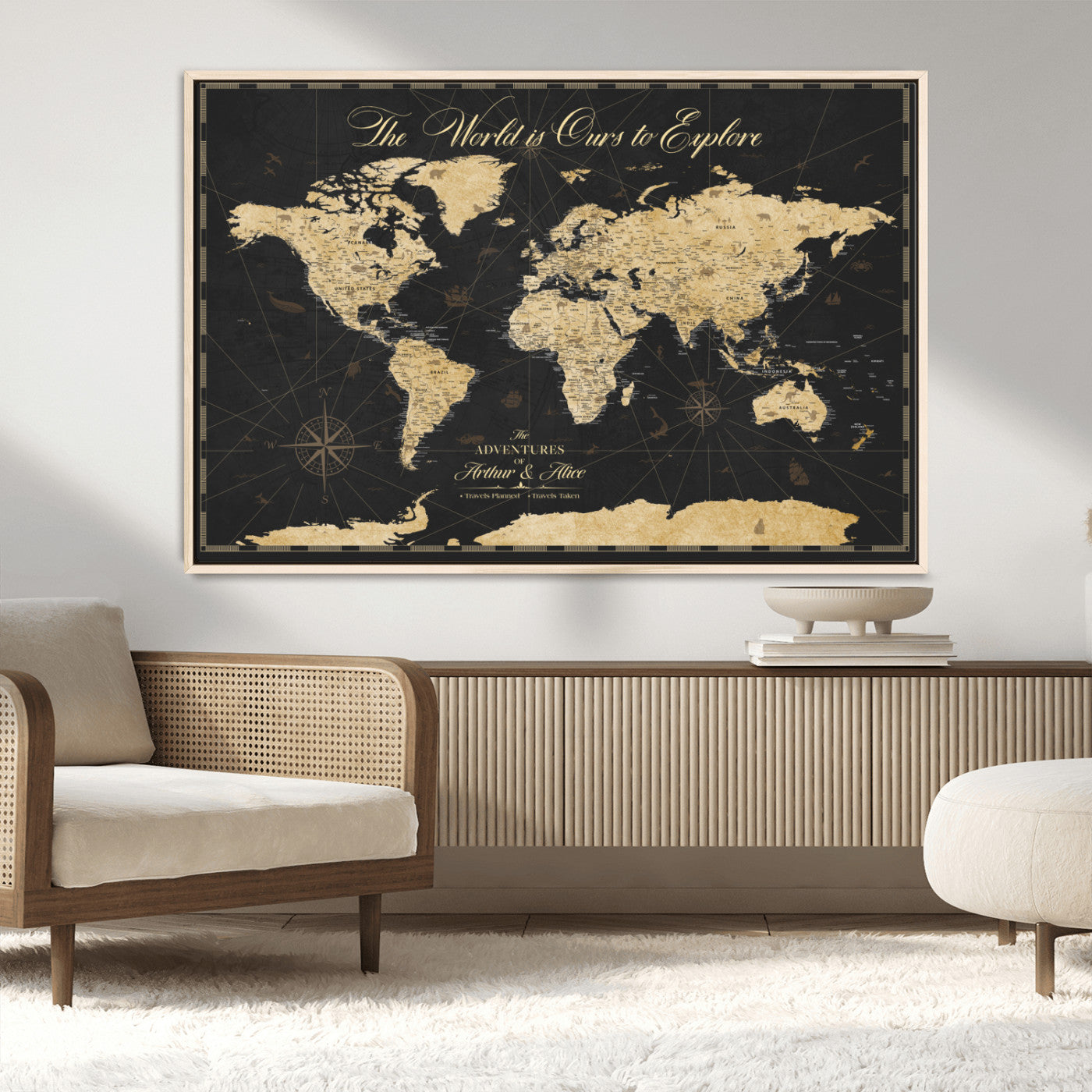 MGV-FC-36X24 - Personalized World Map Wall Art Canvas Print – Custom Push Pin Travel Map for Couples, Families, or Office Décor