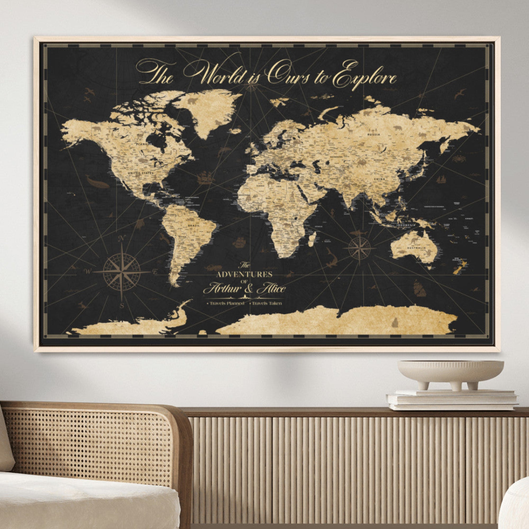 MGV-FC-36X24 - Personalized World Map Wall Art Canvas Print – Custom Push Pin Travel Map for Couples, Families, or Office Décor