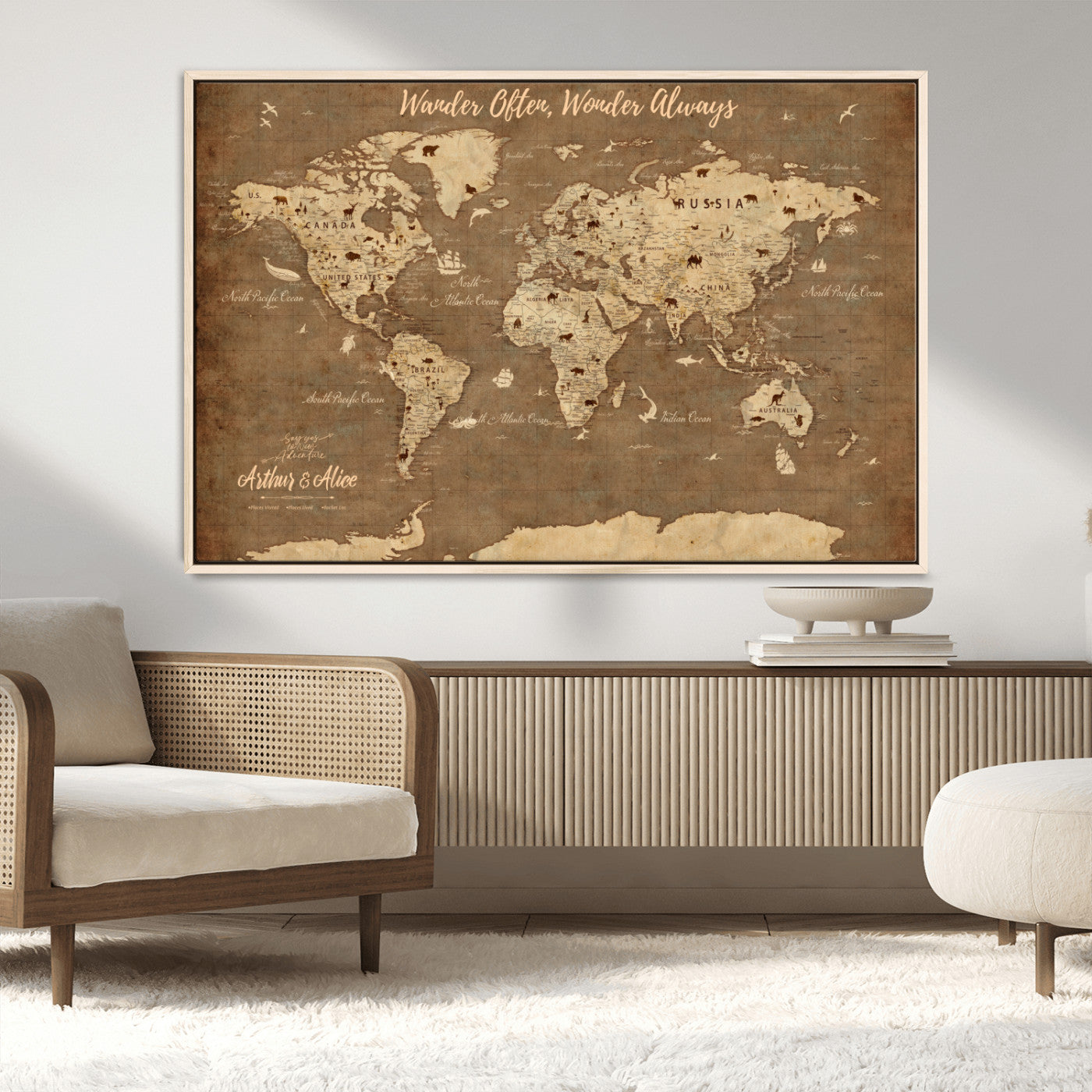 MGV-FC-36X24 - Personalized World Map Wall Art Canvas Print – Custom Push Pin Travel Map for Couples, Families, or Office Décor