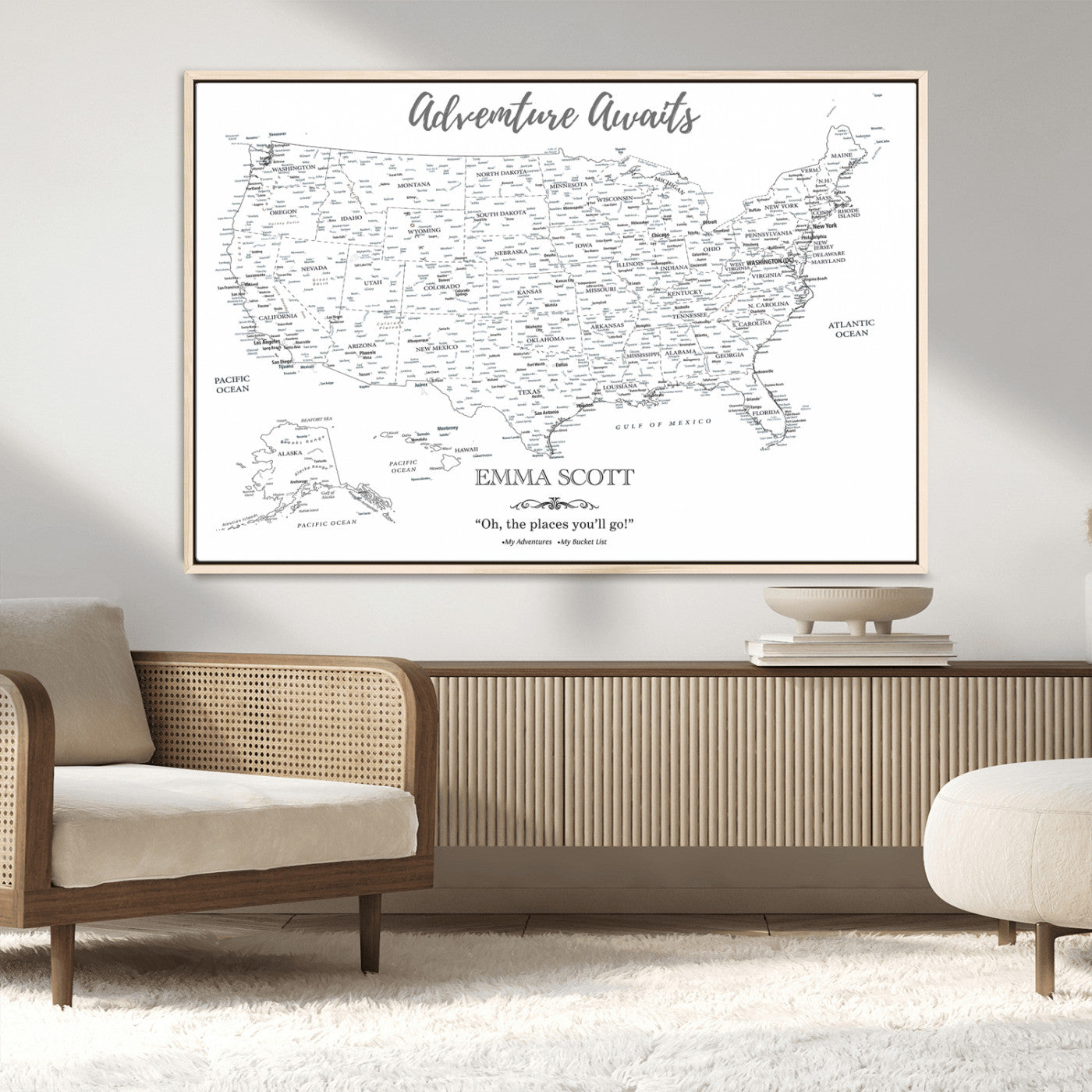 MGV-FC-36X24 - Personalized US Map Wall Art Canvas Print – Custom Push Pin Travel United States US Map for Couples, Families, or Office Décor