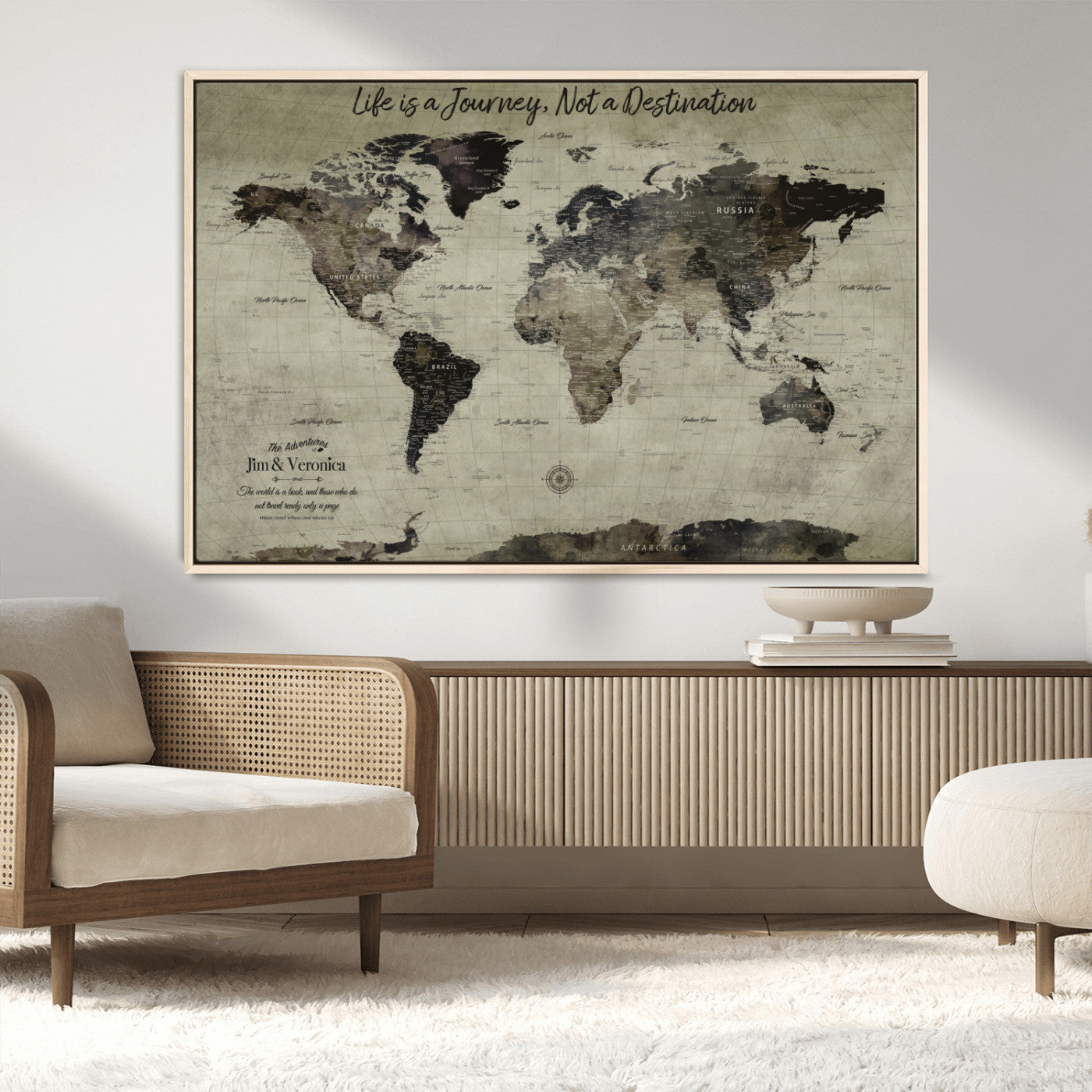 MGV-FC-36X24 - Personalized World Map Wall Art Canvas Print – Custom Push Pin Travel Map for Couples, Families, or Office Décor