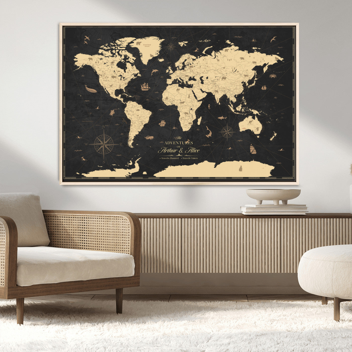 MGV-FC-36X24 - Personalized World Map Wall Art Canvas Print – Custom Push Pin Travel Map for Couples, Families, or Office Décor