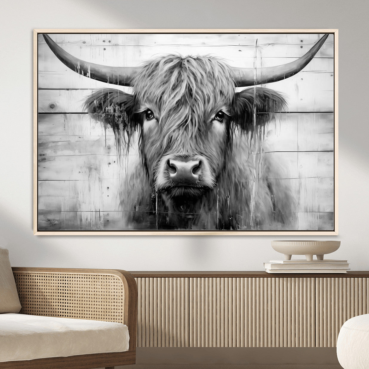 1001HASAN27-MGV-FC-36X24 - Black White Highland Cow Wall Art Canvas Print