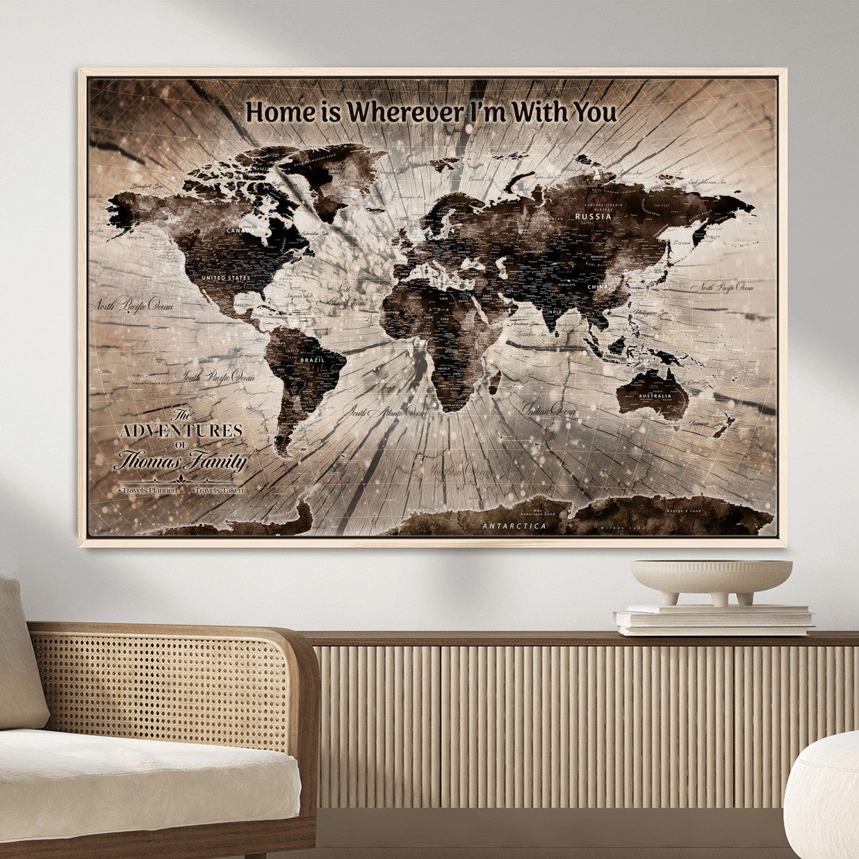 72371980-MGV-FC-36X24 - Personalized World Map Wall Art – Customizable Push Pin Framed Canvas Print Unique Travel Decor for Home, Office