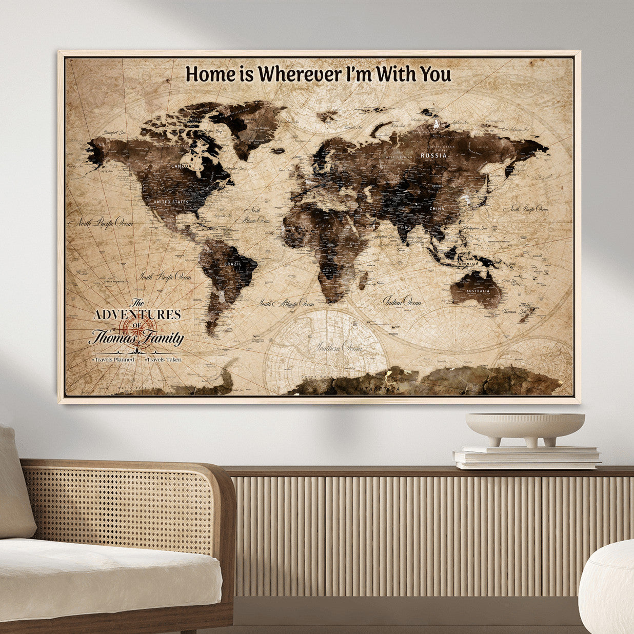 31398786-MGV-FC-36X24 - Personalized World Map Wall Art – Custom Framed Push Pin Travel Tracker Canvas Print Unique Gift for Home, Office