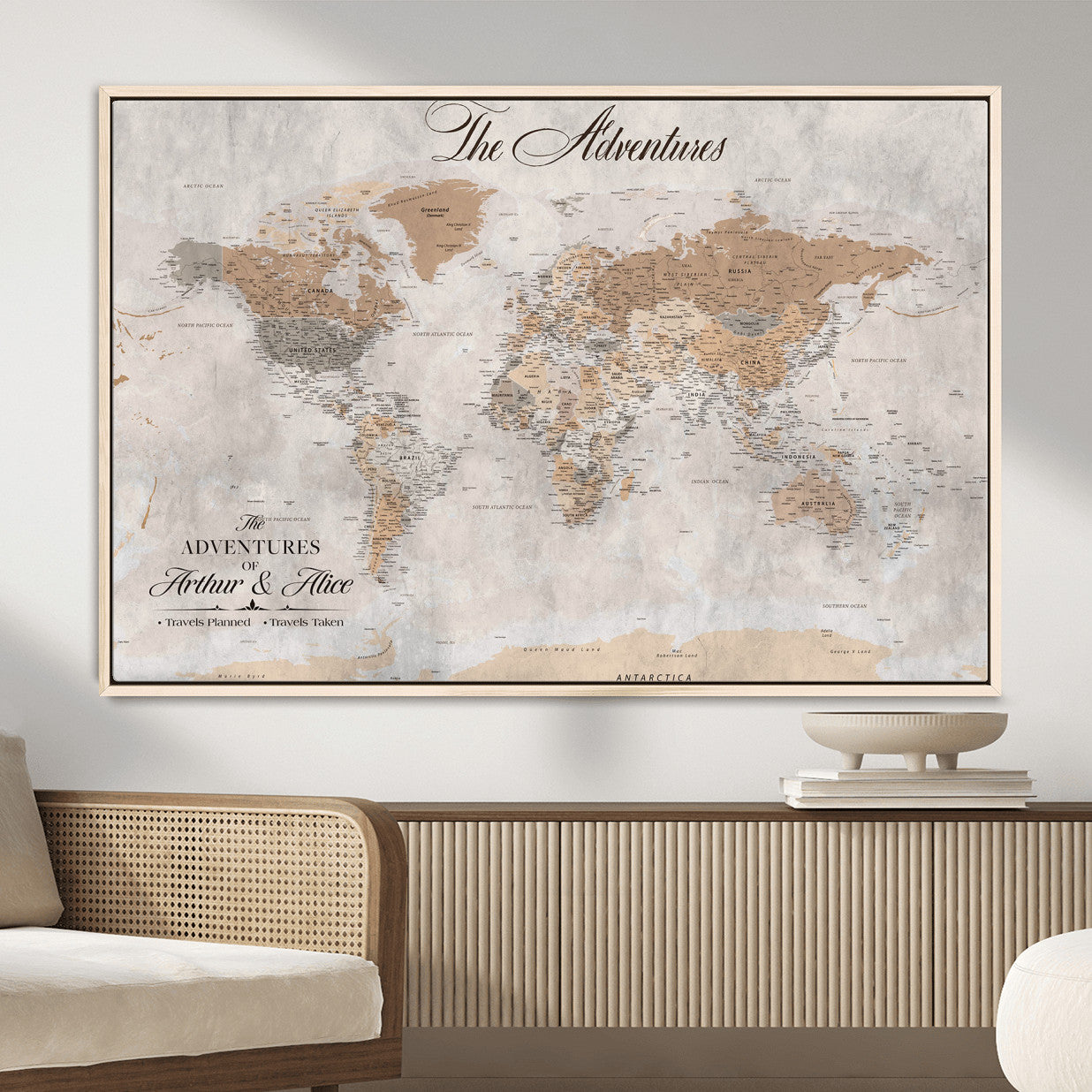 91774967-MGV-FC-36X24 - Personalized Push Pin World Map Canvas Print – Custom Framed Travel Tracker Artwork for Couples or Home Decor