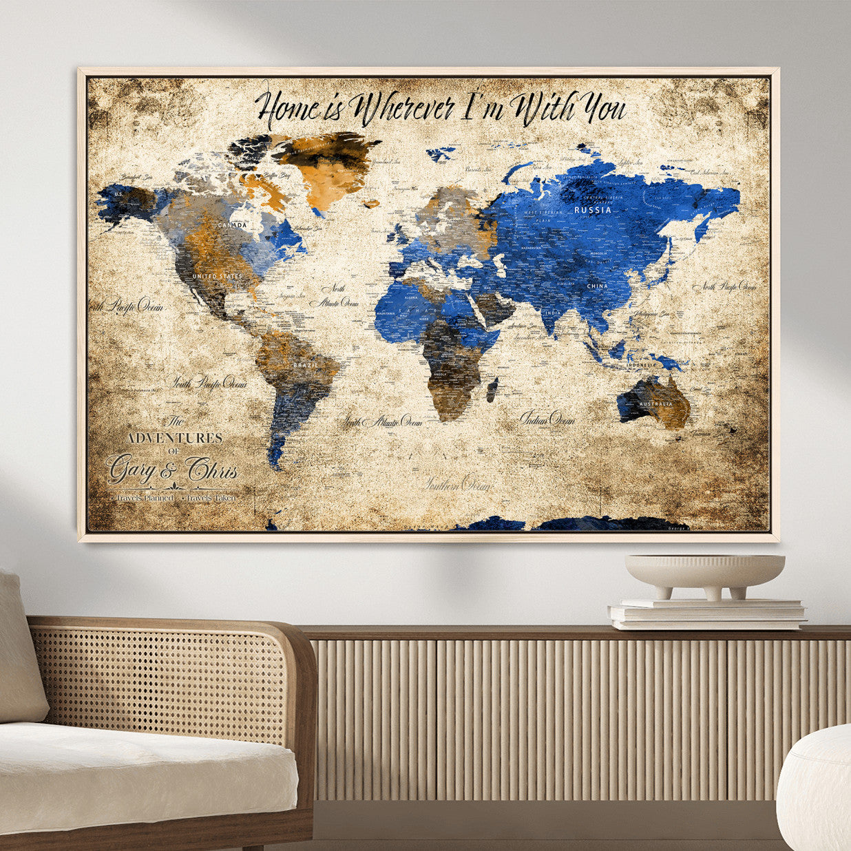 20854758-MGV-FC-36X24 - Personalized Push Pin World Map Canvas Print – Custom Framed Travel Tracker Artwork with Pins for Home and Office Decor