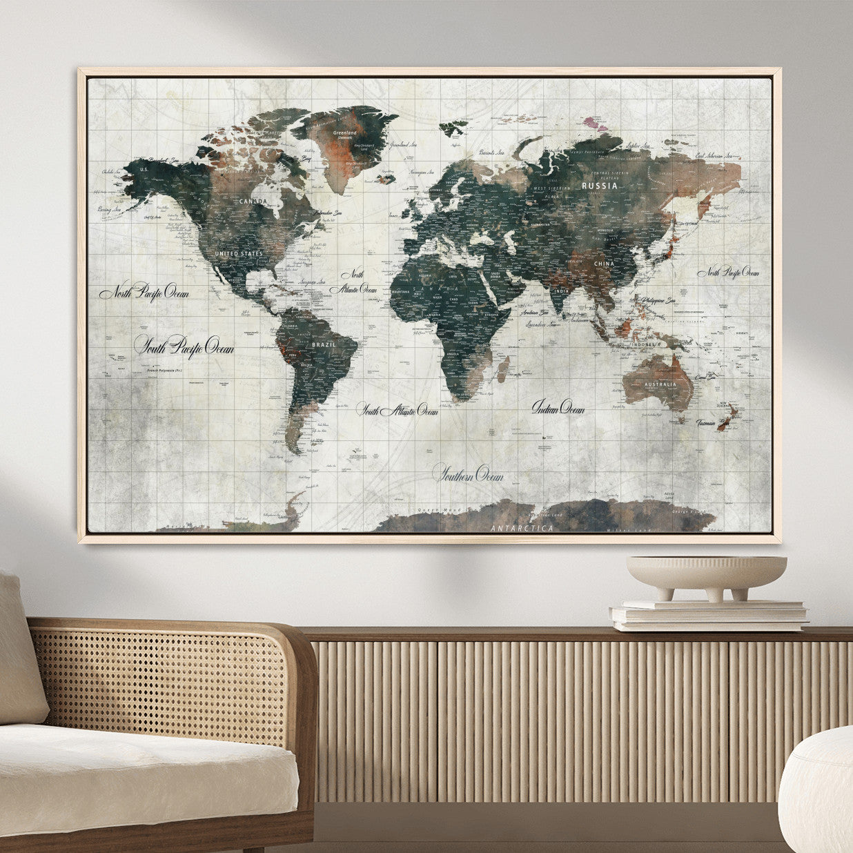 90149079-MGV-FC-36X24 - World Map Wall Art Canvas Print, Modern Decorative Framed Map Artwork Prints for Living Room, Office, Bedroom Wall Decor