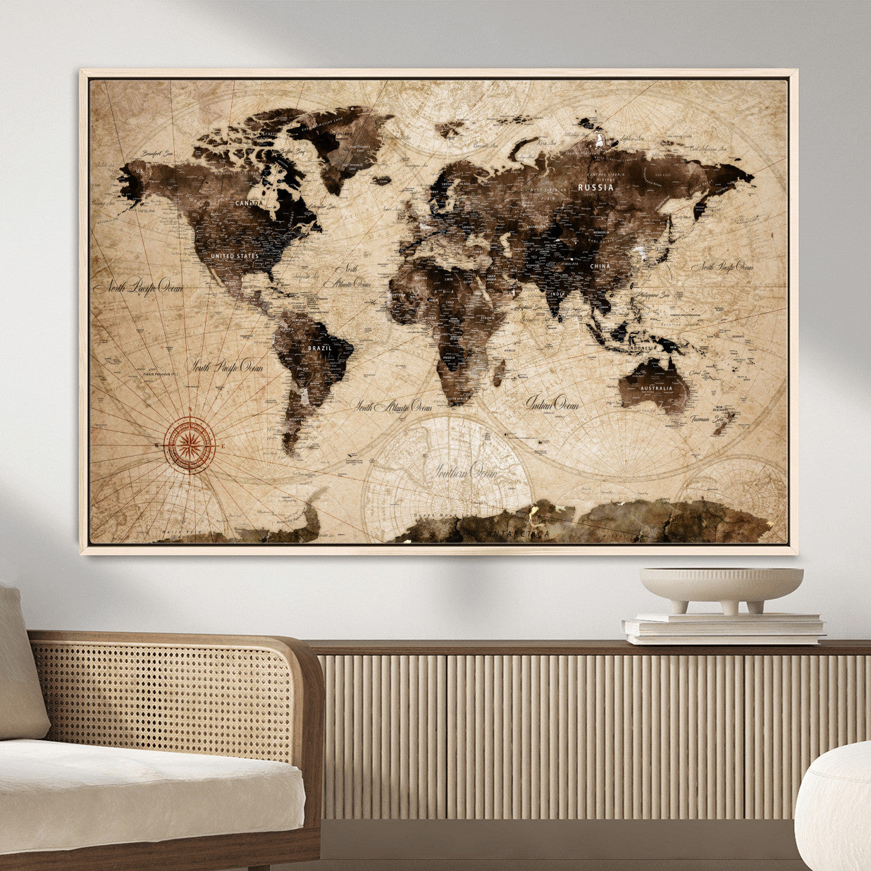 97114757-MGV-FC-36X24 - World Map Wall Art Canvas Print, Modern Decorative Framed Map Artwork Prints for Living Room, Office, Bedroom Wall Decor