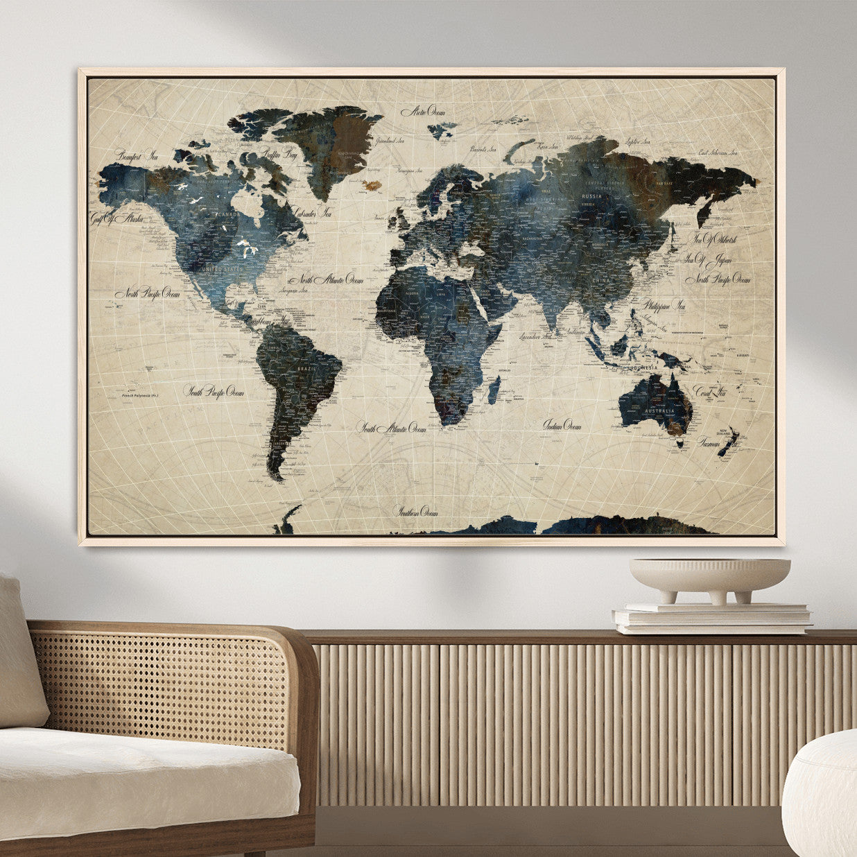 33438443-MGV-FC-36X24 - World Map Wall Art Canvas Print, Modern Decorative Framed Map Artwork Prints for Living Room, Office, Bedroom Wall Decor