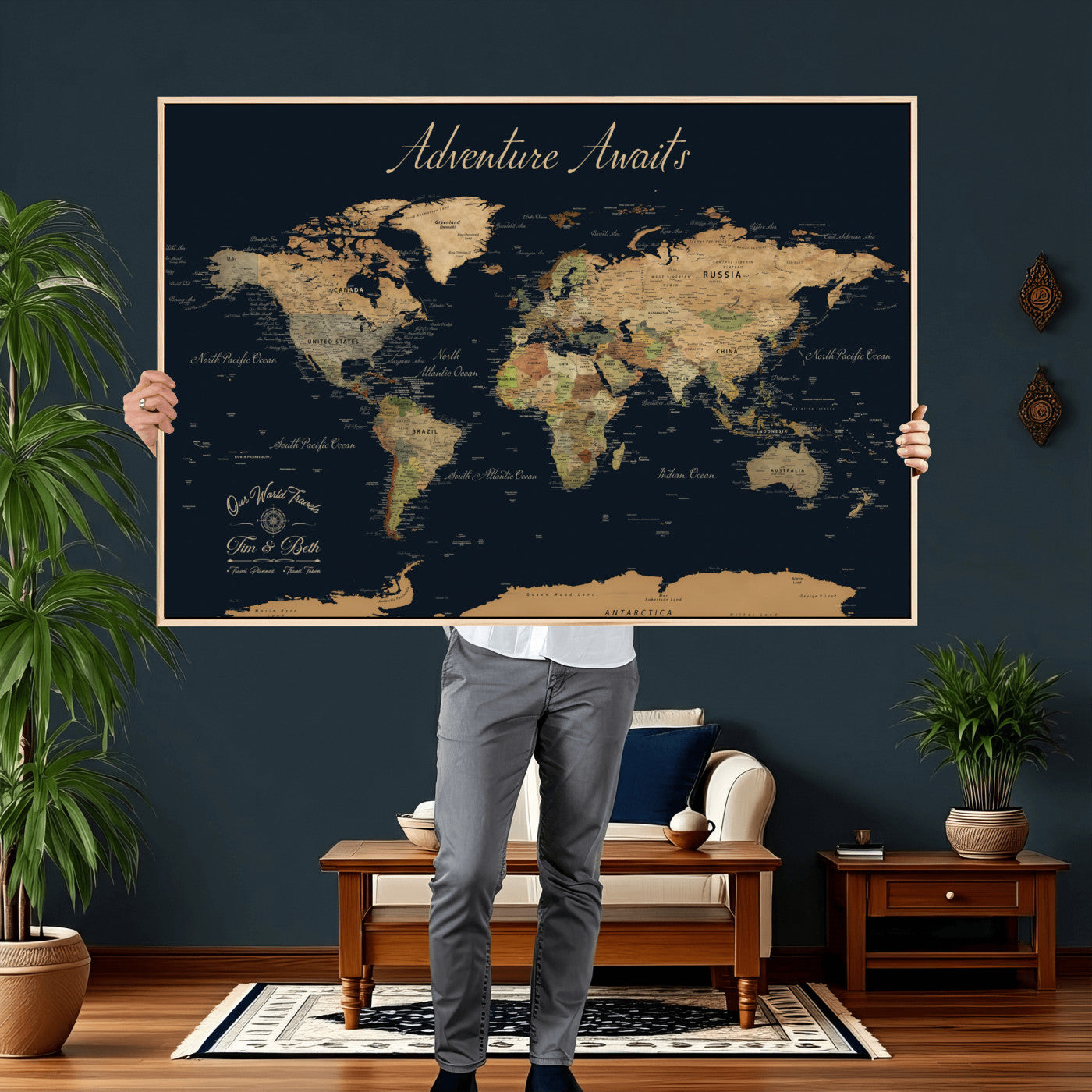 92618915-MGV-FC-36X24 - Customized Push Pin World Map Wall Art Canvas Print with Pins, Framed Personalize Travel Tracker Map, World Map for Living Room and Office Decor