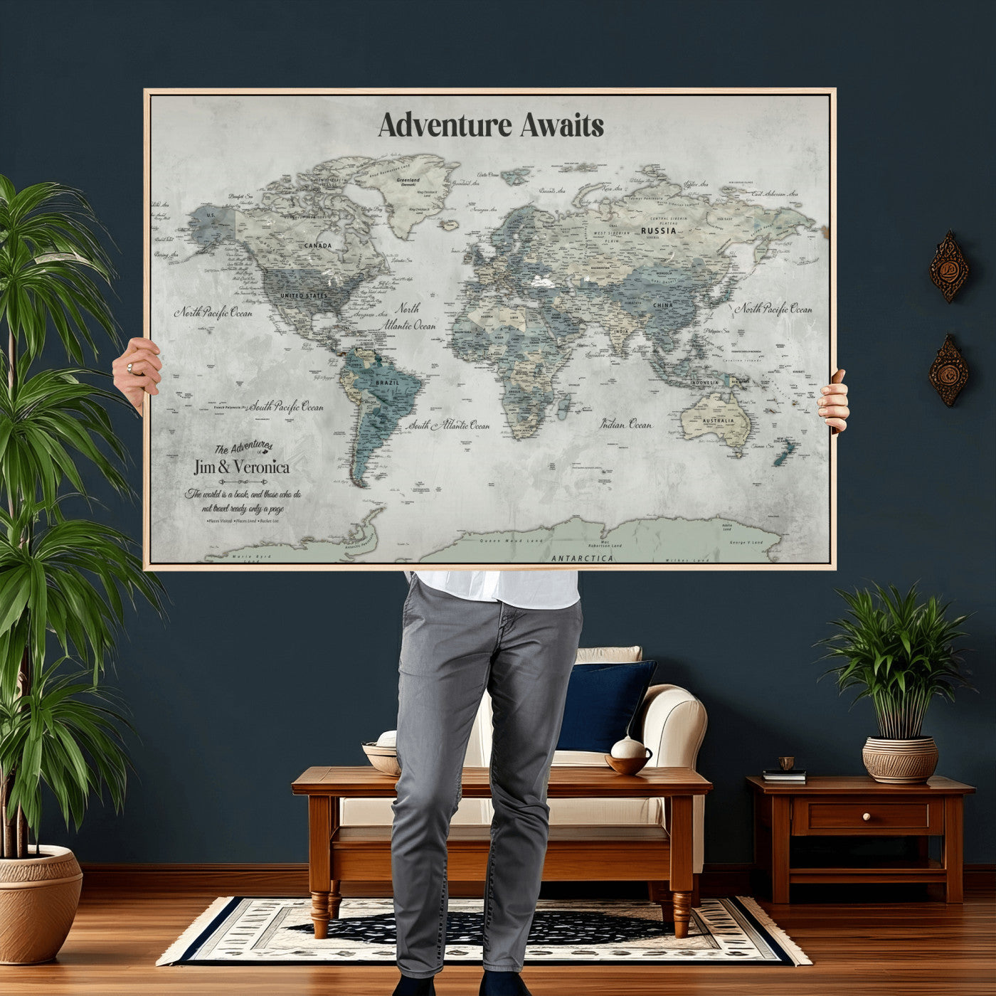 99034689-MGV-FC-36X24 - Customized Push Pin World Map Wall Art Canvas Print with Pins, Framed Personalize Travel Tracker Map, World Map for Living Room and Office Decor