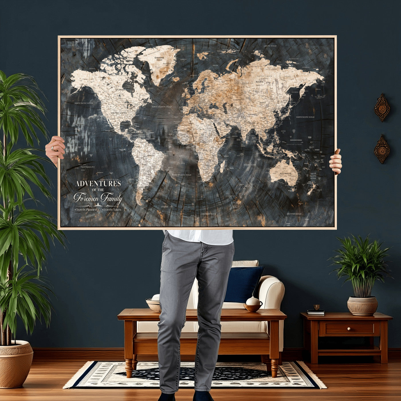 74461965-MGV-FC-36X24 - Customized Push Pin World Map Wall Art Canvas Print with Pins, Framed Personalize Travel Tracker Map, World Map for Living Room and Office Decor